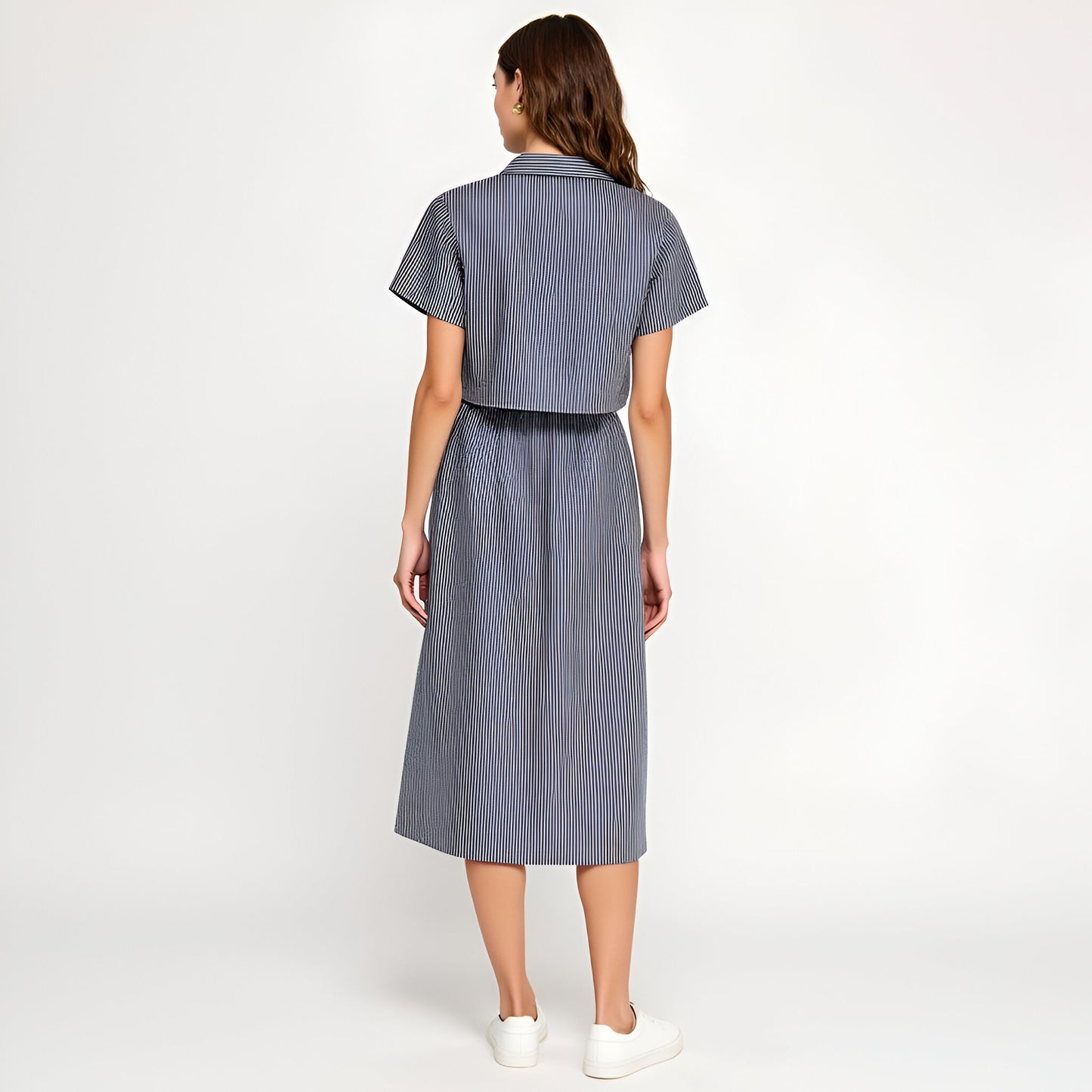 Striped Cropped Button-Up Shirt and Midi Skirt Set with Short Sleeves