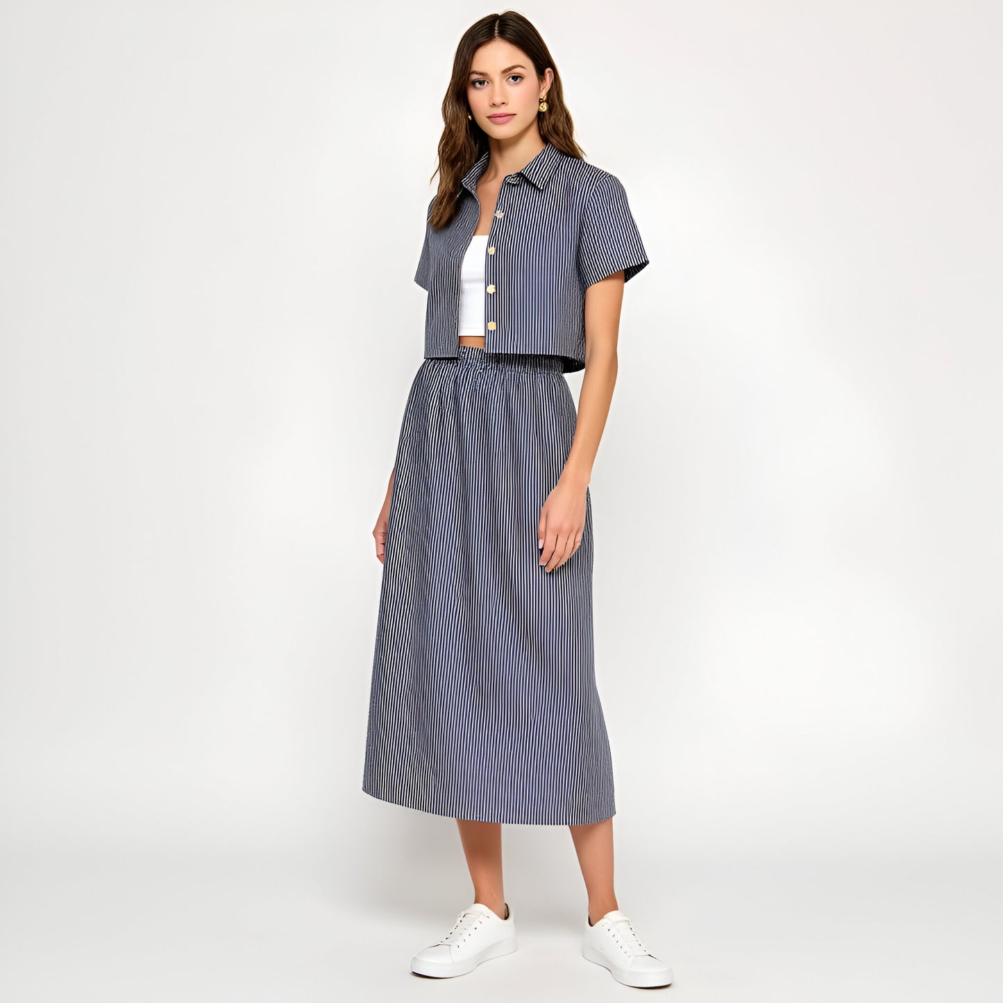 Striped Cropped Button-Up Shirt and Midi Skirt Set with Short Sleeves
