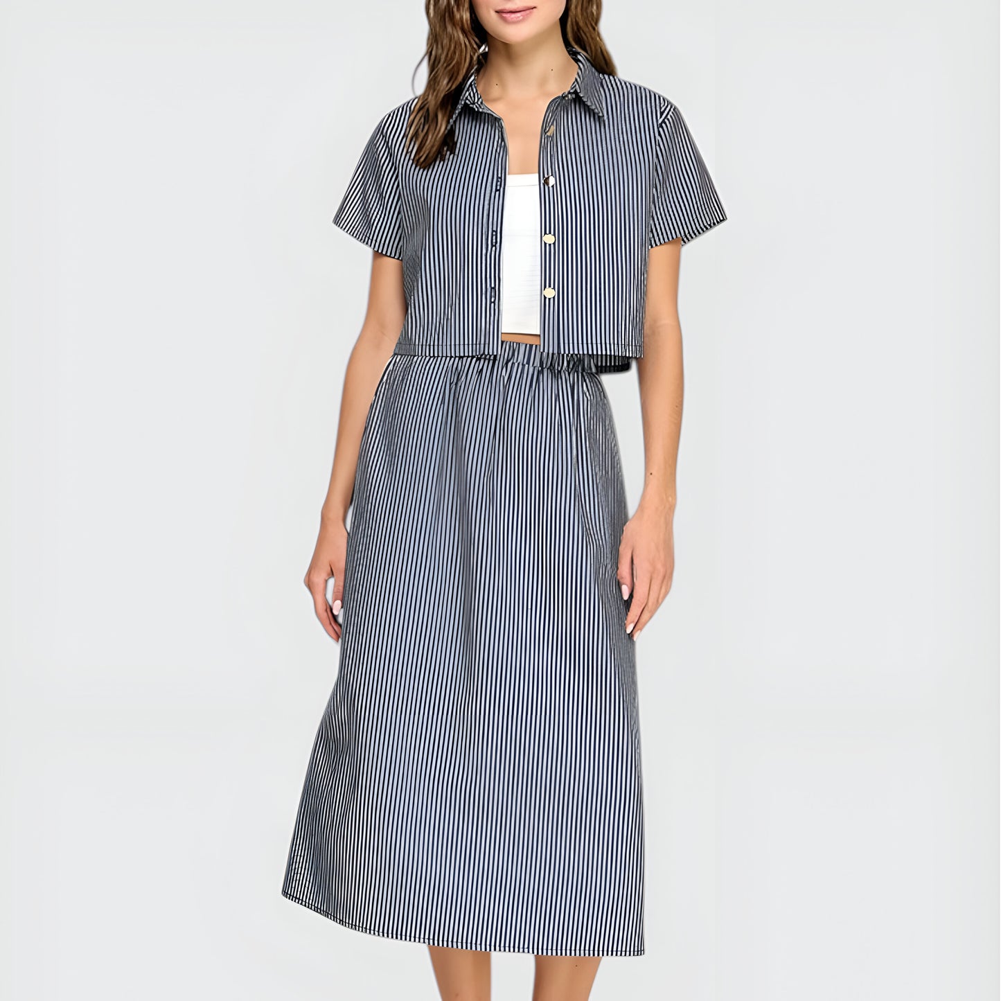 Striped Cropped Button-Up Shirt and Midi Skirt Set with Short Sleeves