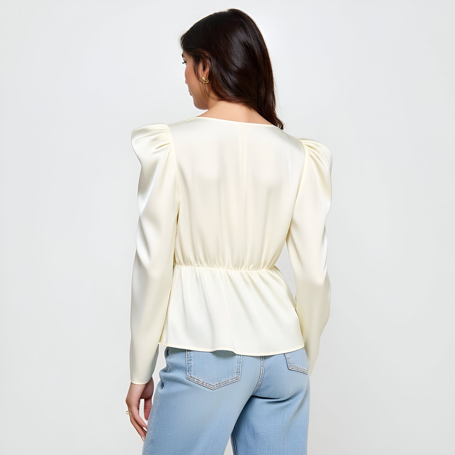 Long Sleeve Wrap Blouse with Puff Shoulder and Rosette Detail