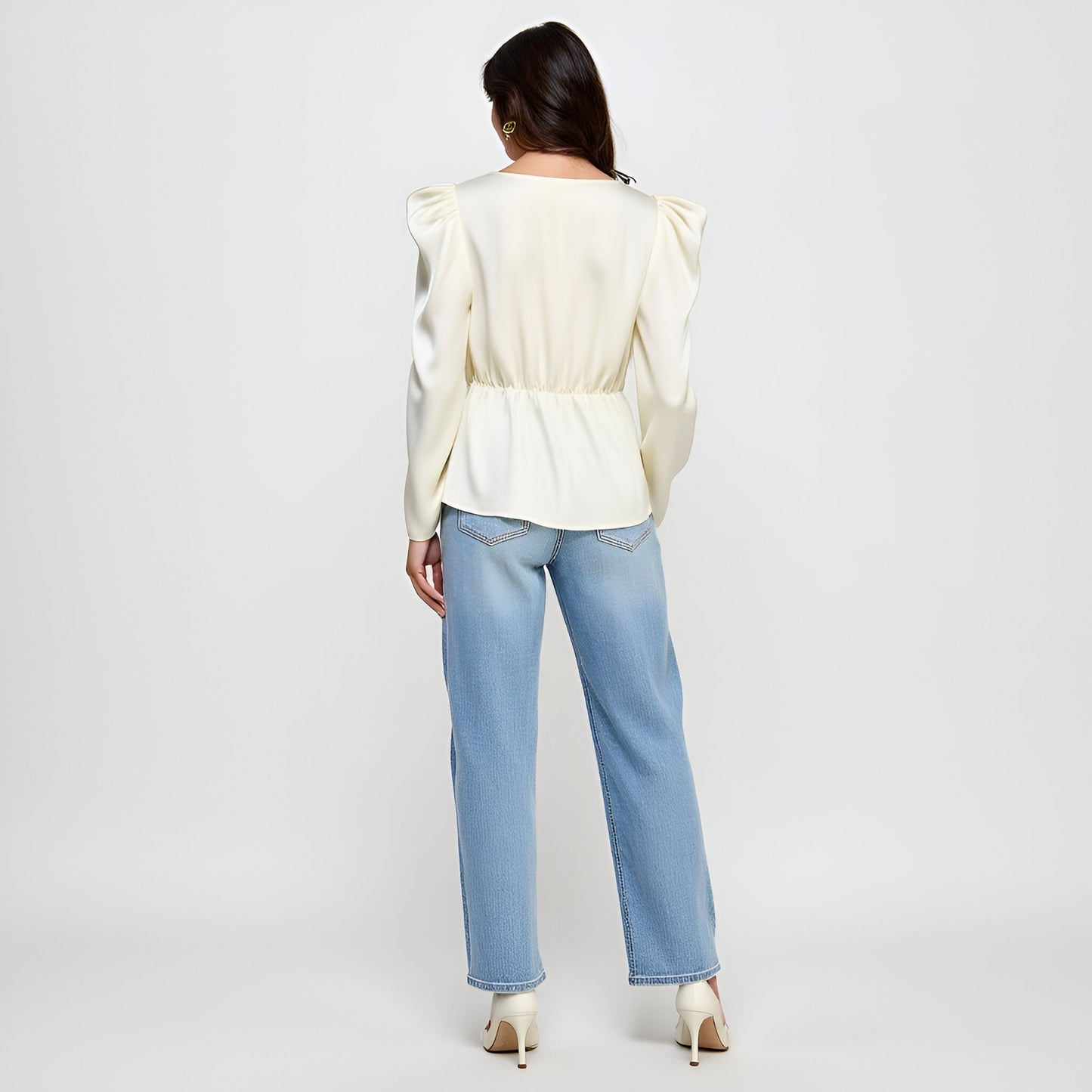 Long Sleeve Wrap Blouse with Puff Shoulder and Rosette Detail