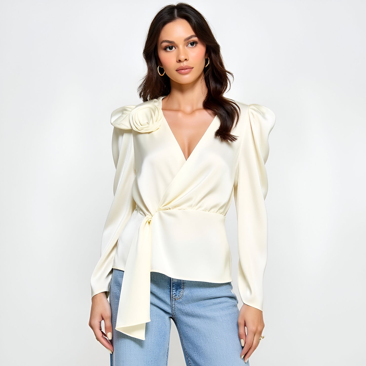 Long Sleeve Wrap Blouse with Puff Shoulder and Rosette Detail
