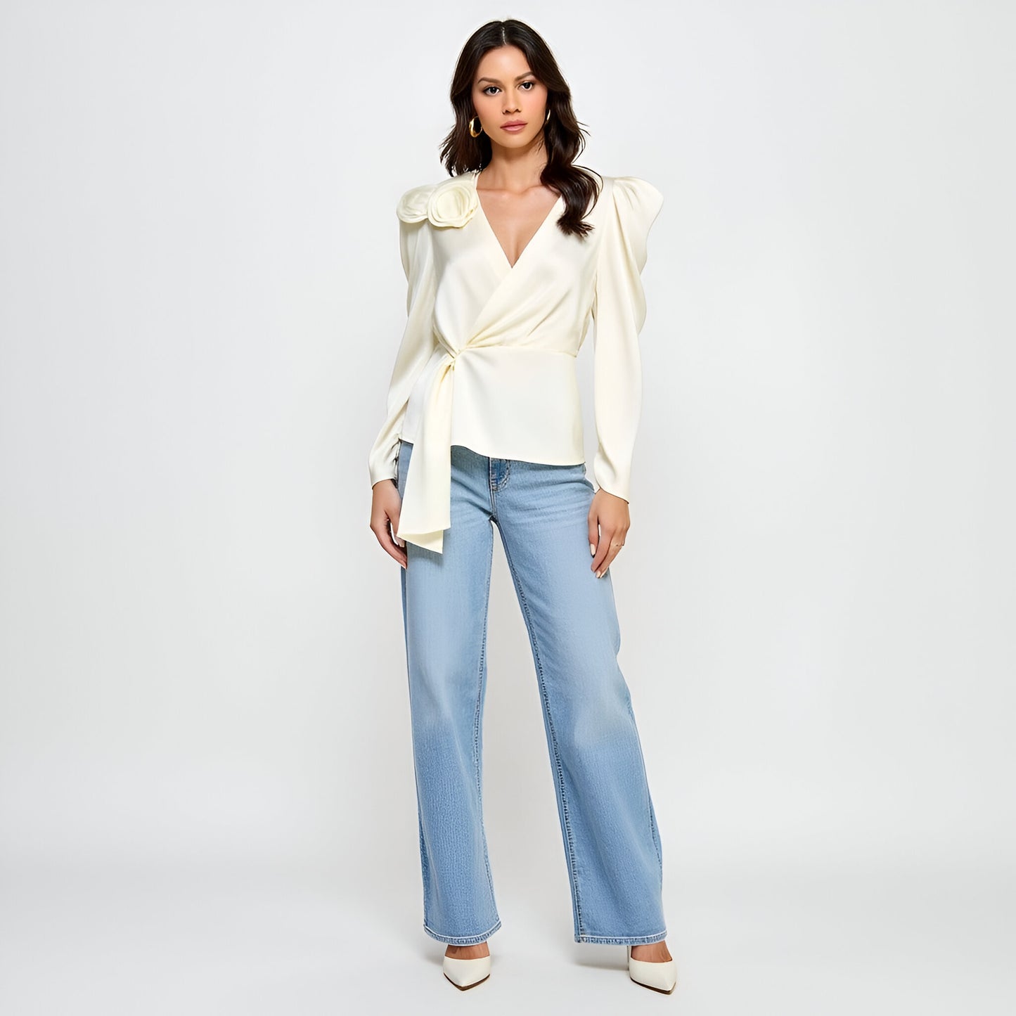 Long Sleeve Wrap Blouse with Puff Shoulder and Rosette Detail