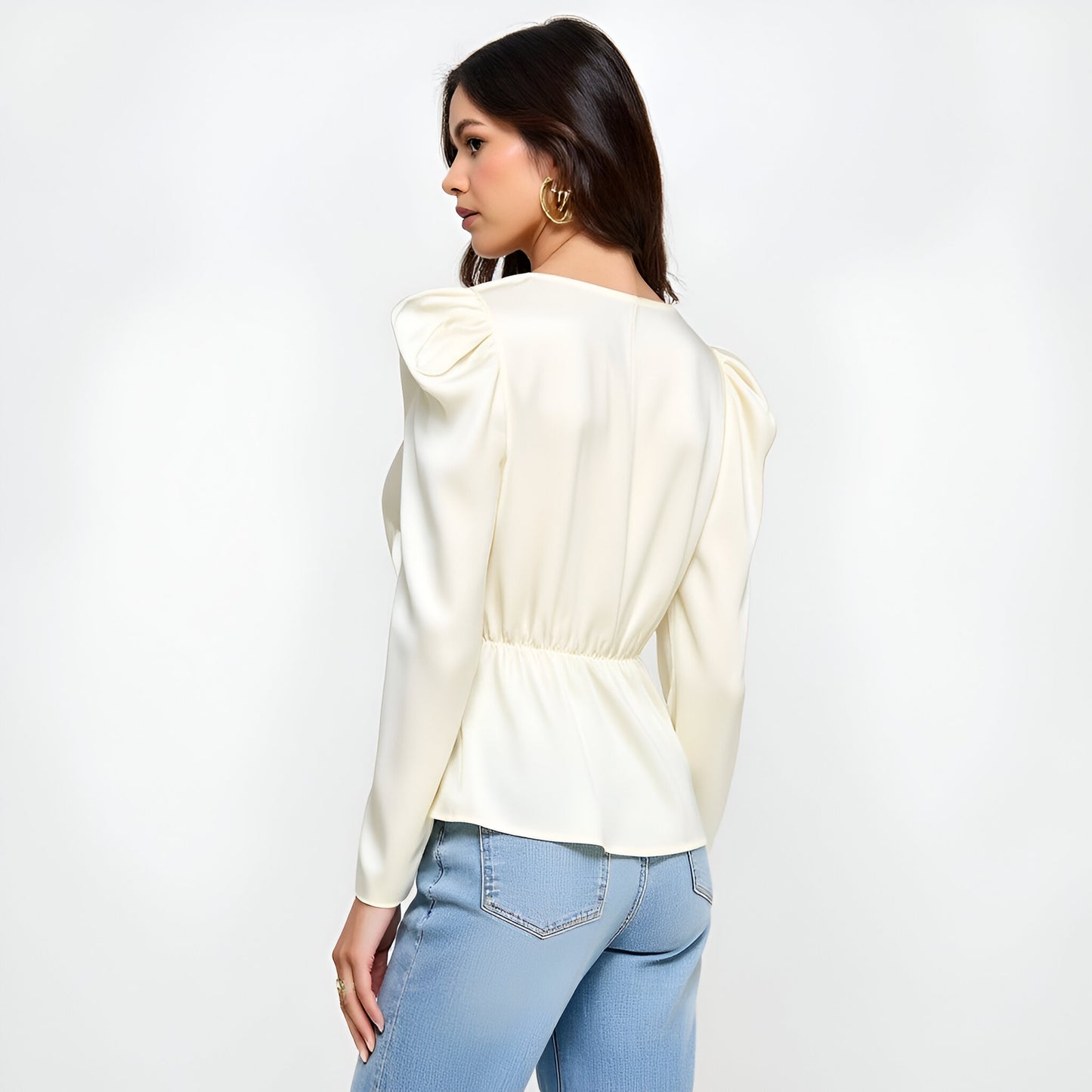 Long Sleeve Wrap Blouse with Puff Shoulder and Rosette Detail
