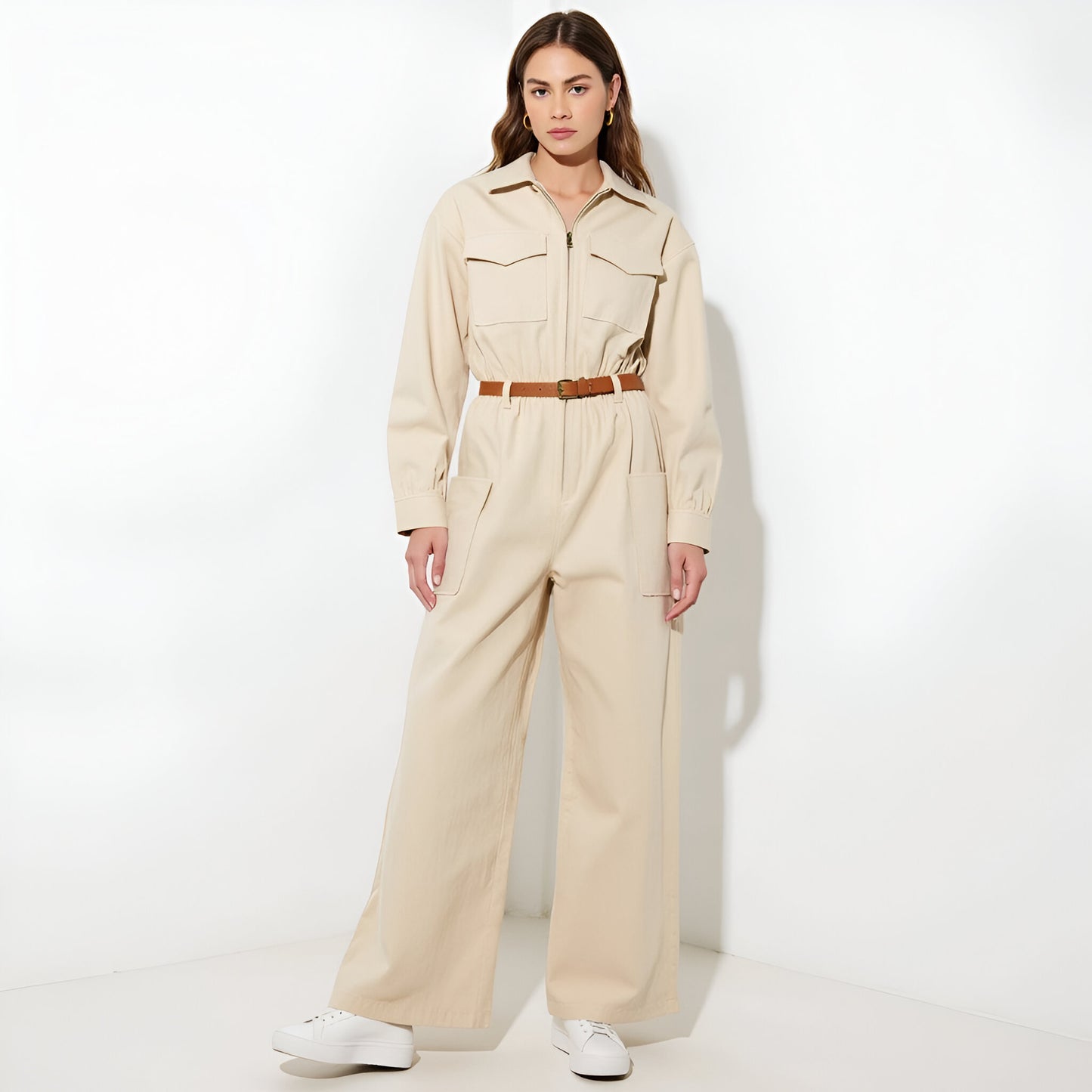 Wide-Leg Utility Jumpsuit with Zip Front, Chest Pockets, and Adjustable Belt