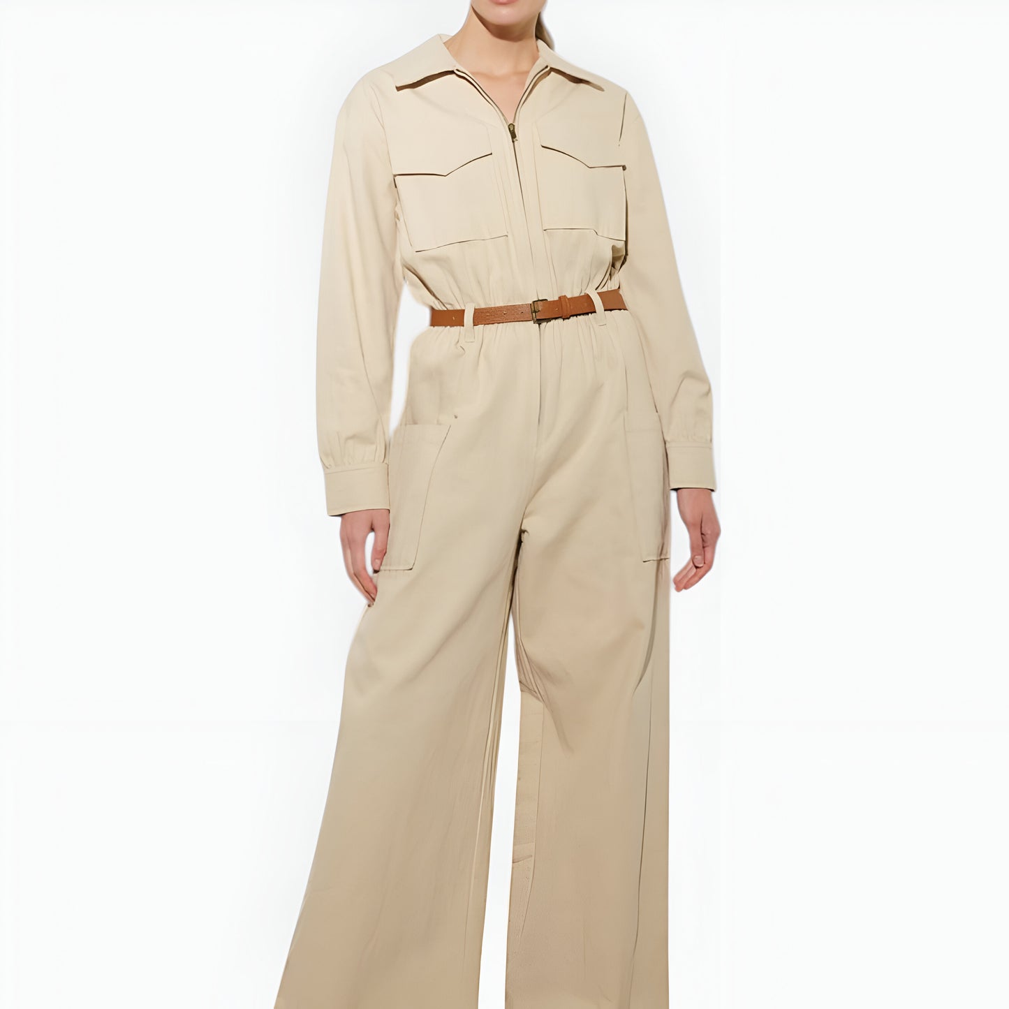 Wide-Leg Utility Jumpsuit with Zip Front, Chest Pockets, and Adjustable Belt