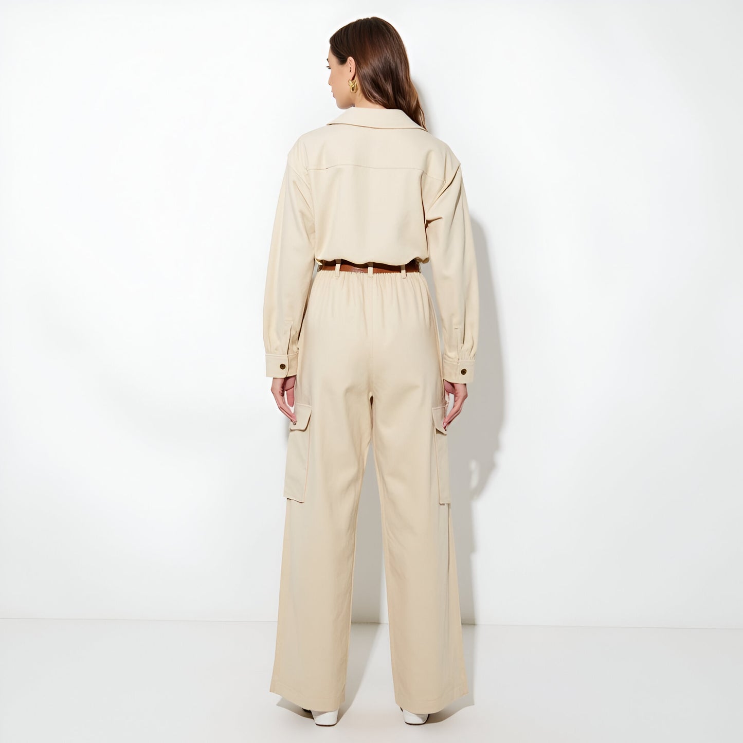 Wide-Leg Utility Jumpsuit with Zip Front, Chest Pockets, and Adjustable Belt