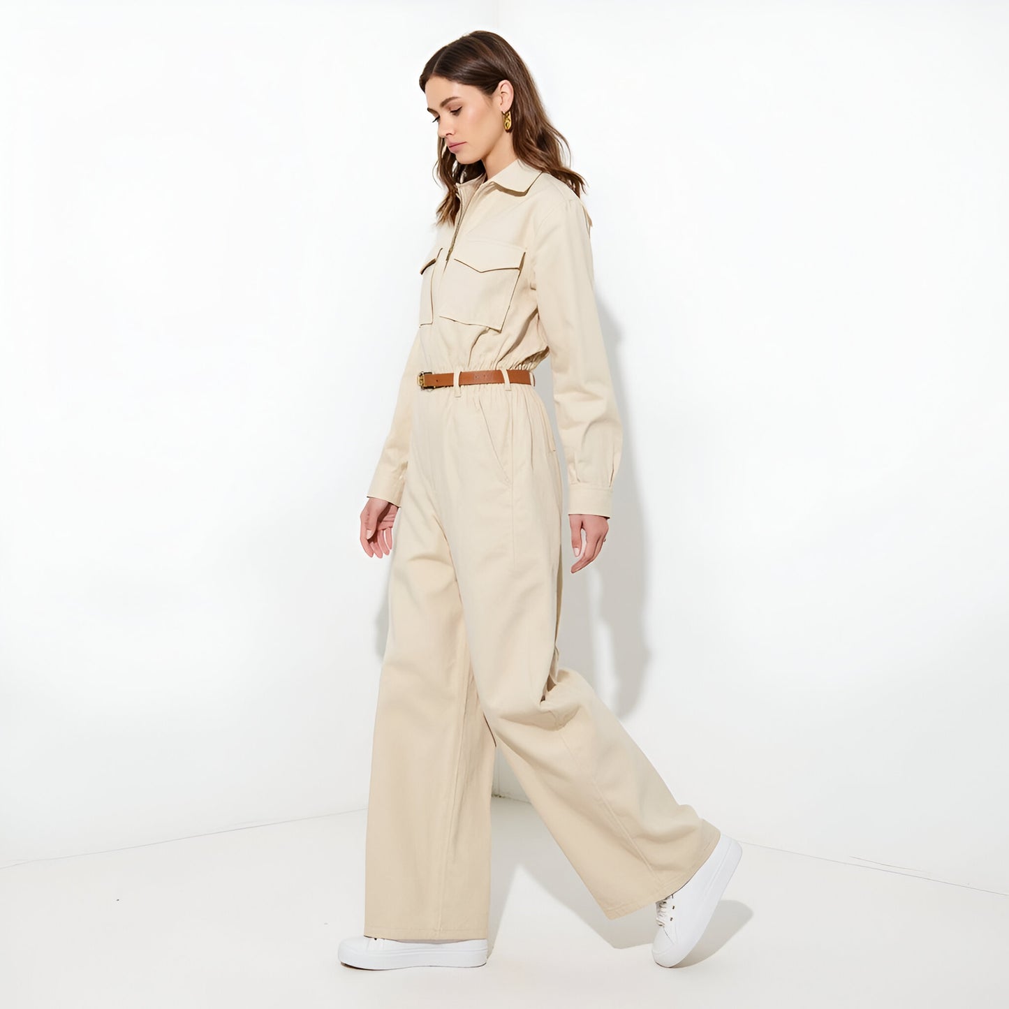 Wide-Leg Utility Jumpsuit with Zip Front, Chest Pockets, and Adjustable Belt