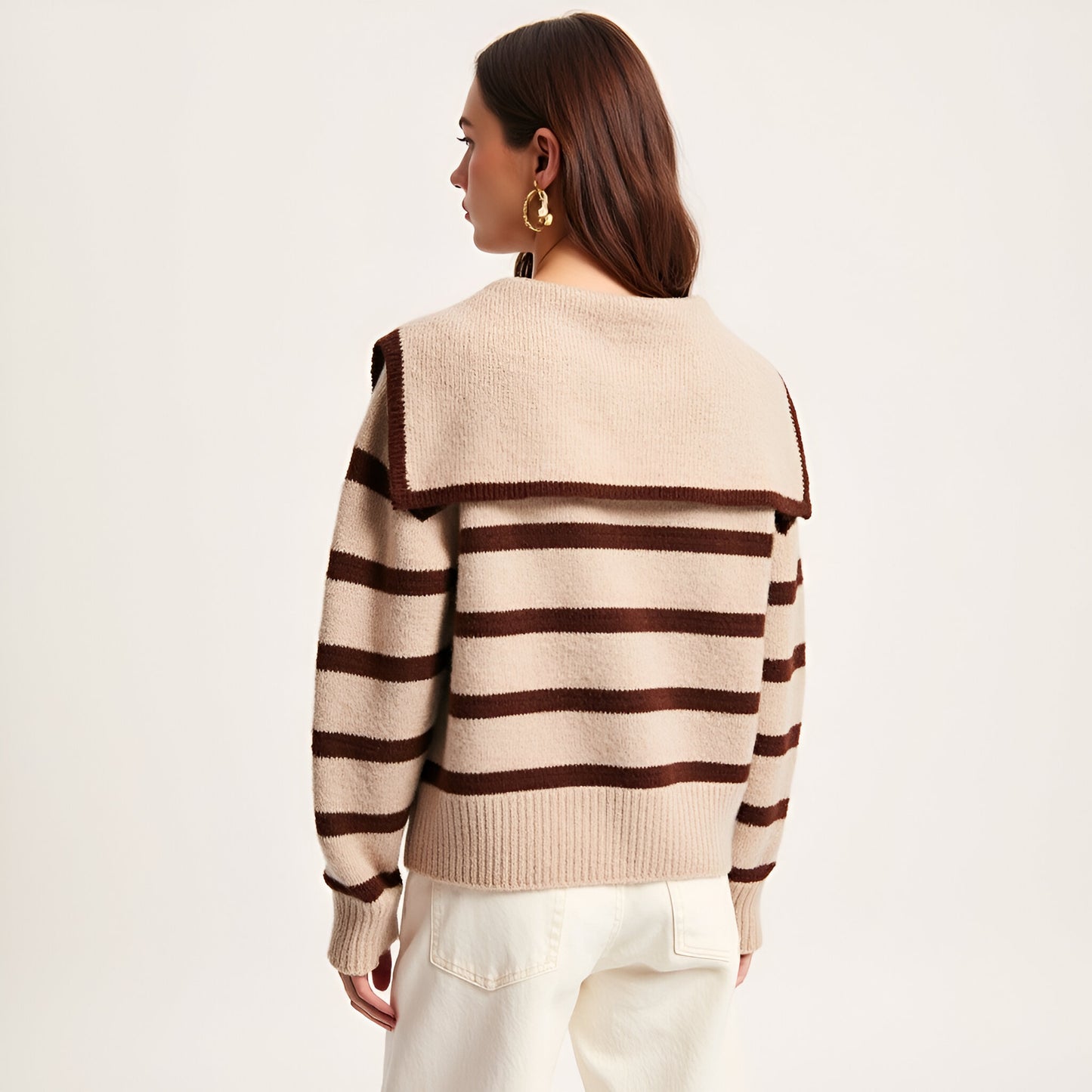 Striped Crewneck Sweater with Sailor Collar and Front Tie Detail