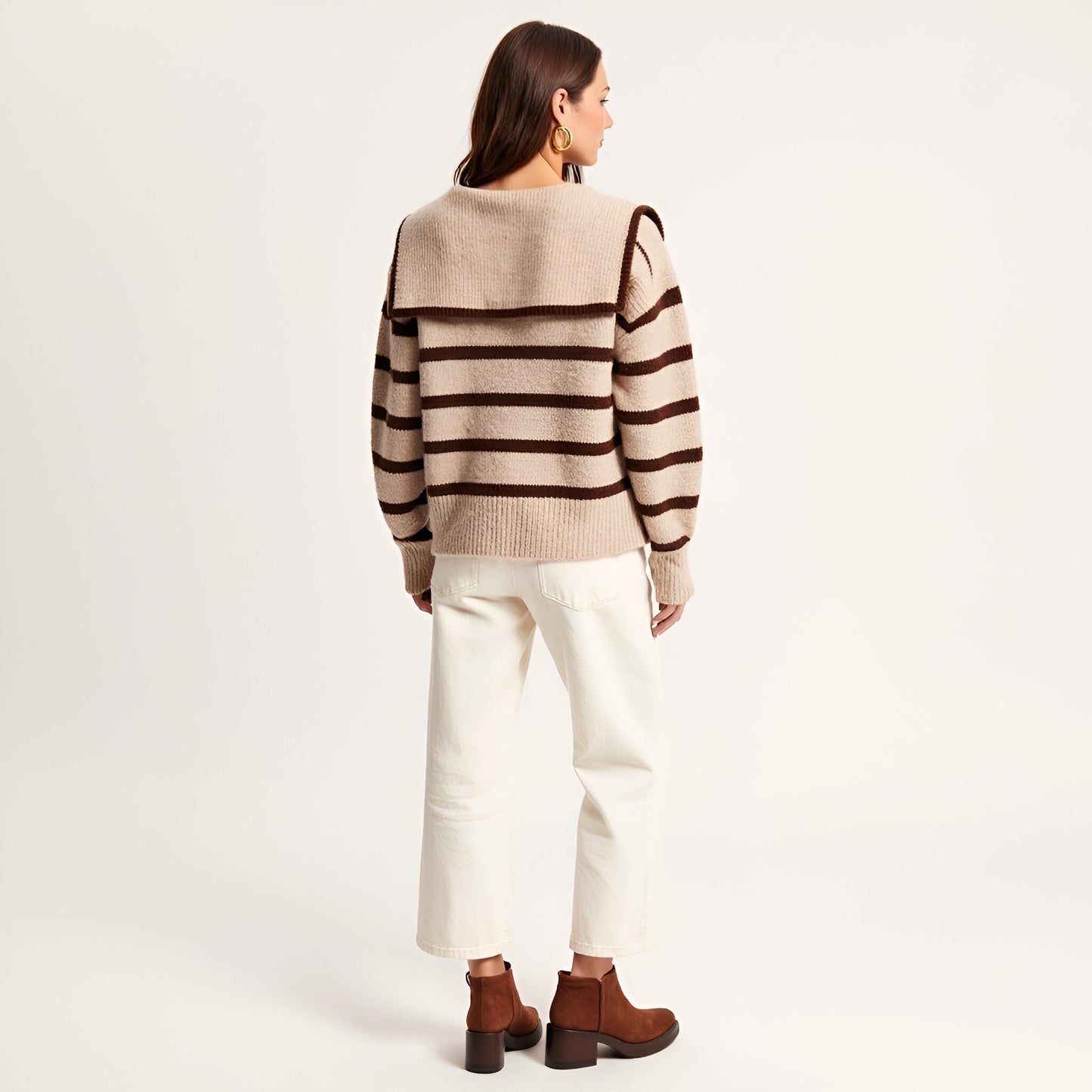 Striped Crewneck Sweater with Sailor Collar and Front Tie Detail