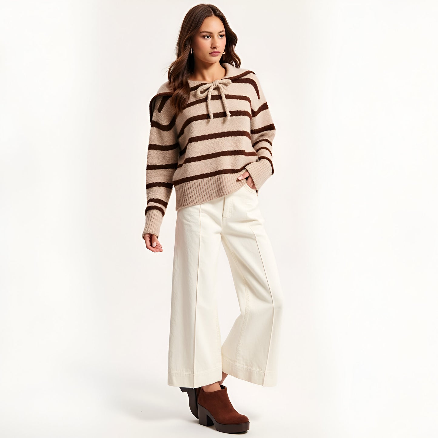 Striped Crewneck Sweater with Sailor Collar and Front Tie Detail
