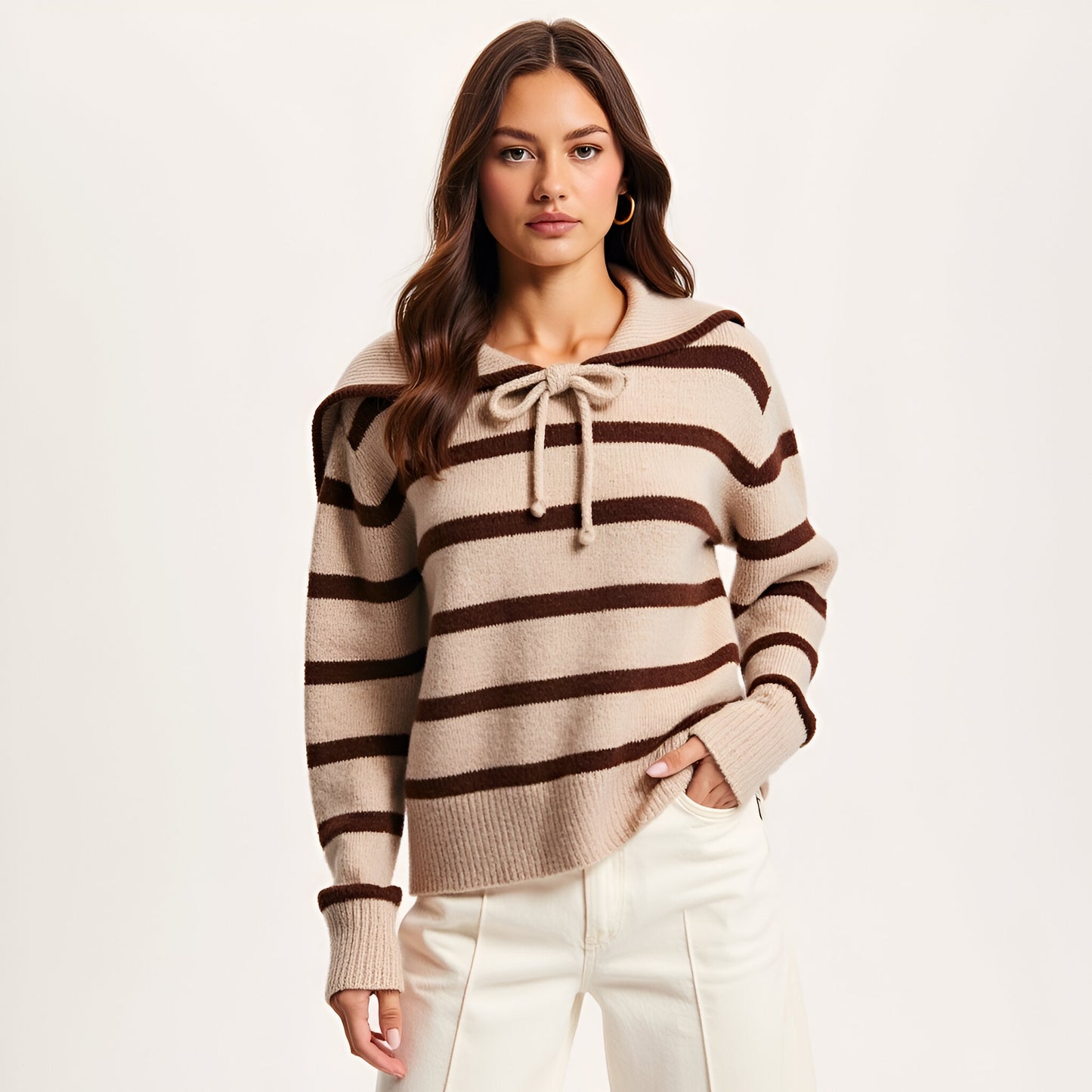 Striped Crewneck Sweater with Sailor Collar and Front Tie Detail