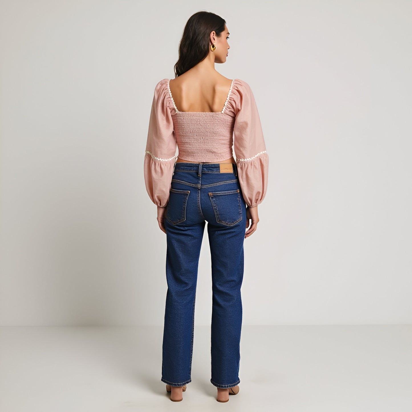 Puff Sleeve Lace-Up Crop Top with Embroidered Floral Trim