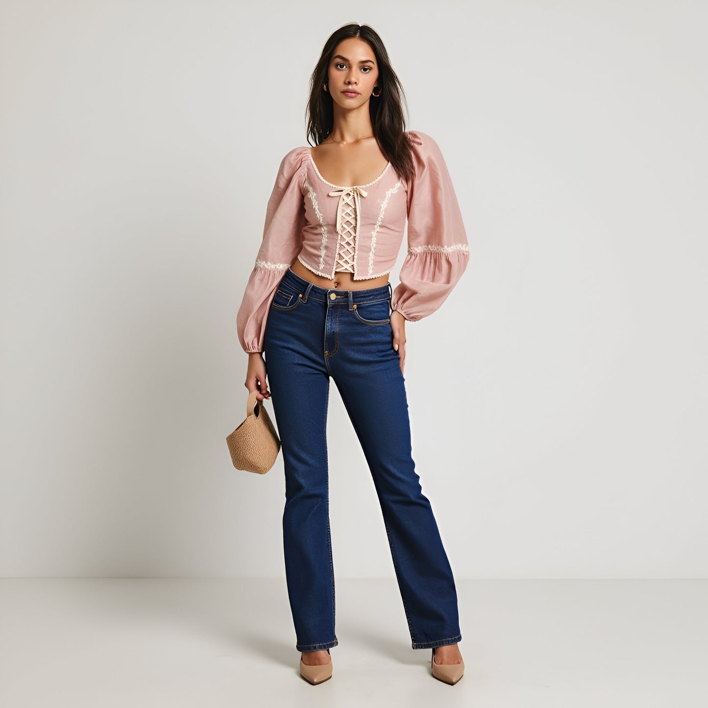 Puff Sleeve Lace-Up Crop Top with Embroidered Floral Trim