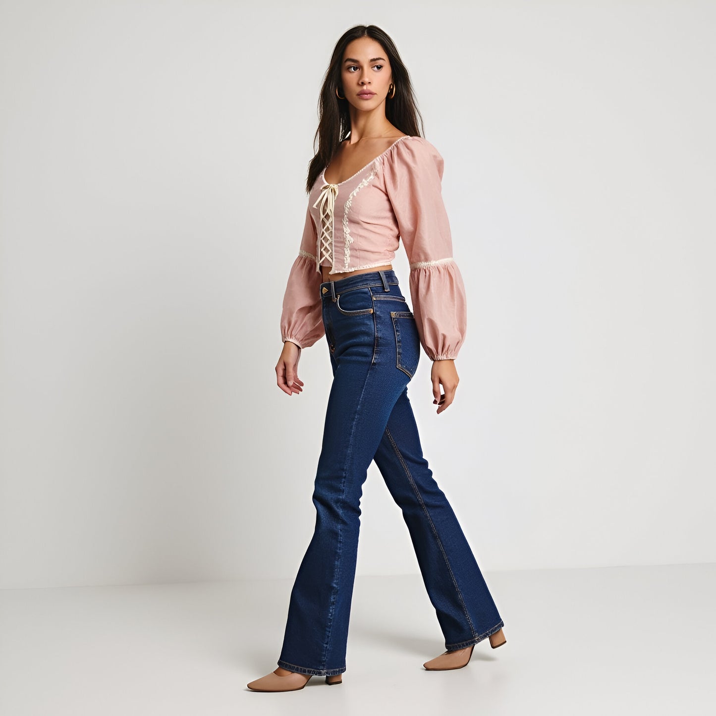 Puff Sleeve Lace-Up Crop Top with Embroidered Floral Trim