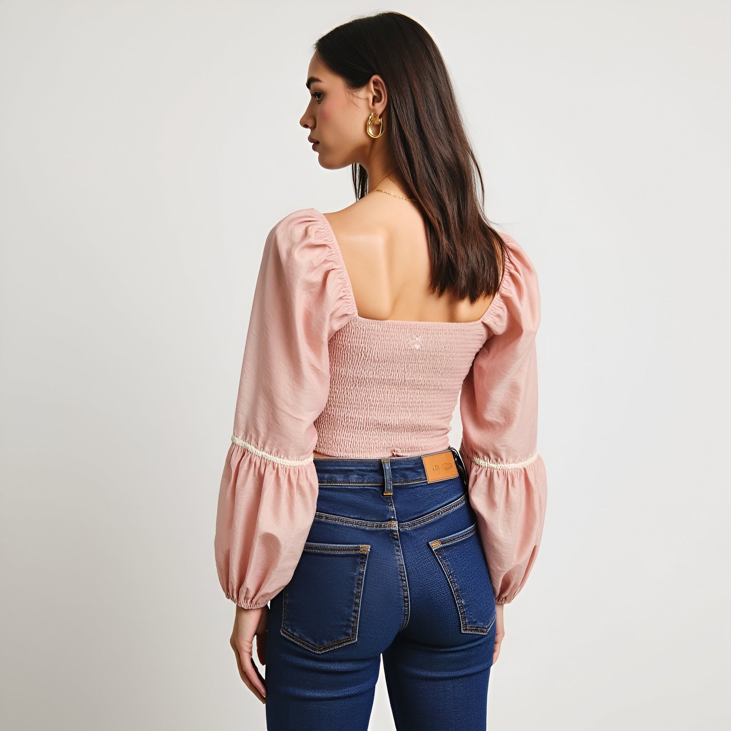Puff Sleeve Lace-Up Crop Top with Embroidered Floral Trim
