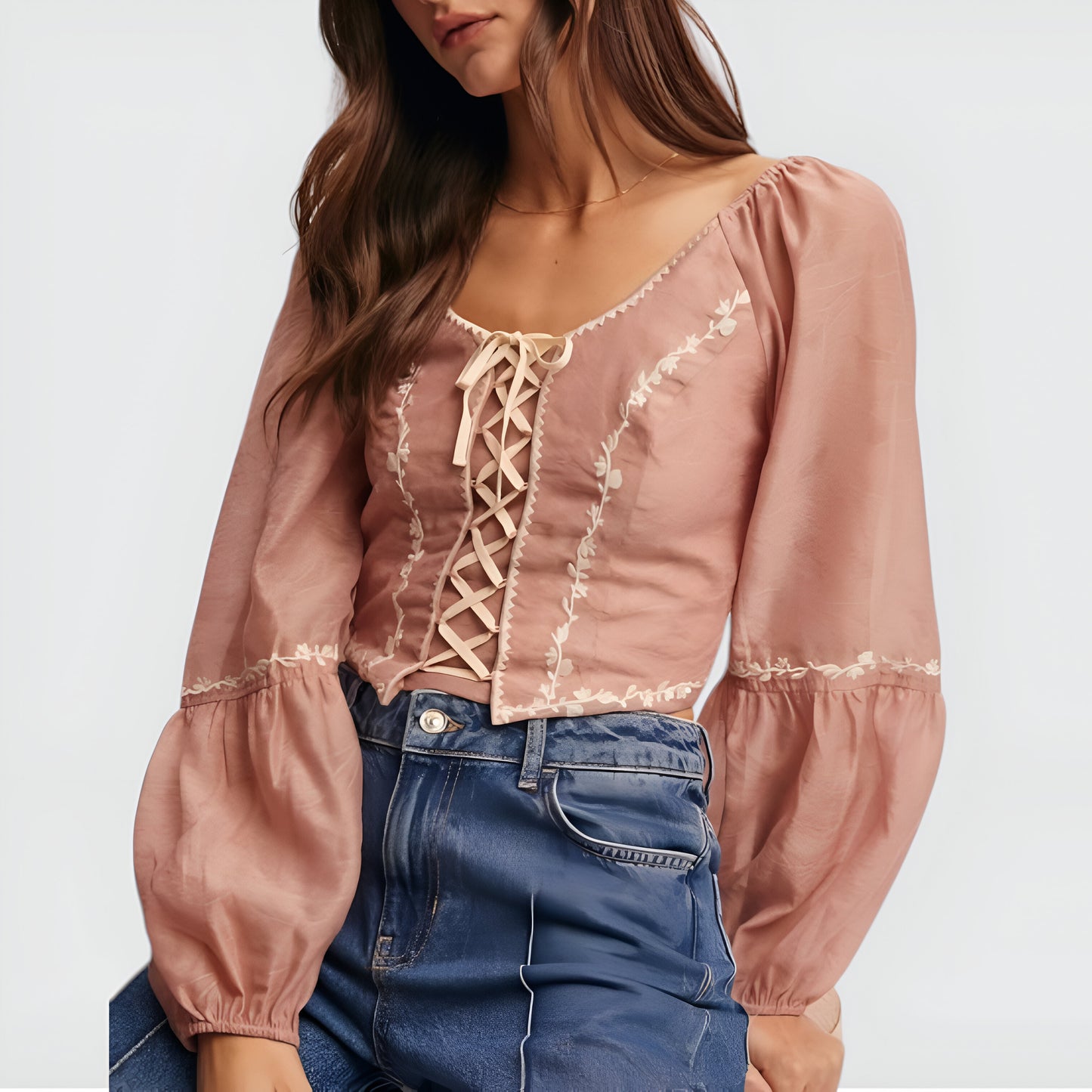 Puff Sleeve Lace-Up Crop Top with Embroidered Floral Trim