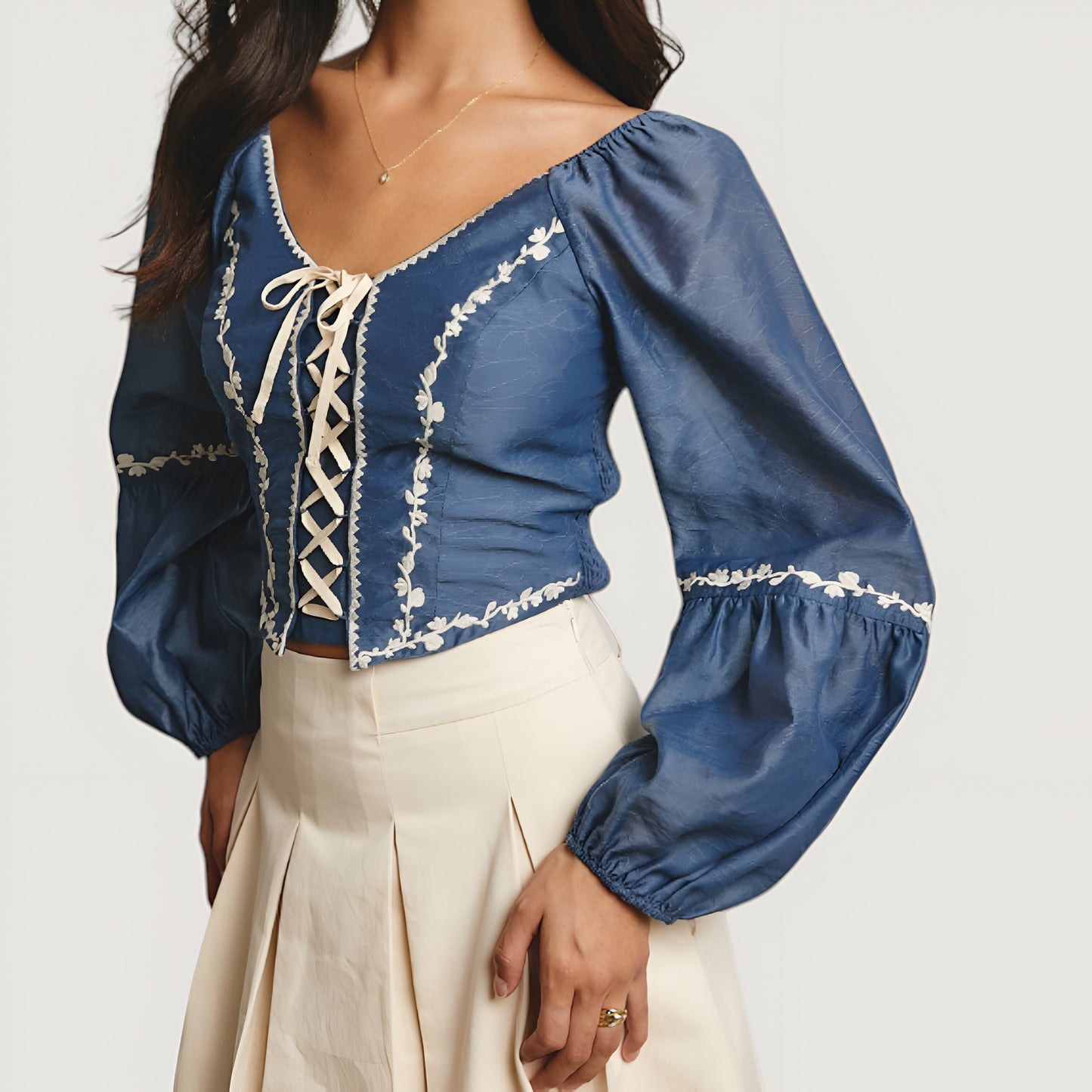 Puff Sleeve Lace-Up Crop Top with Embroidered Floral Trim