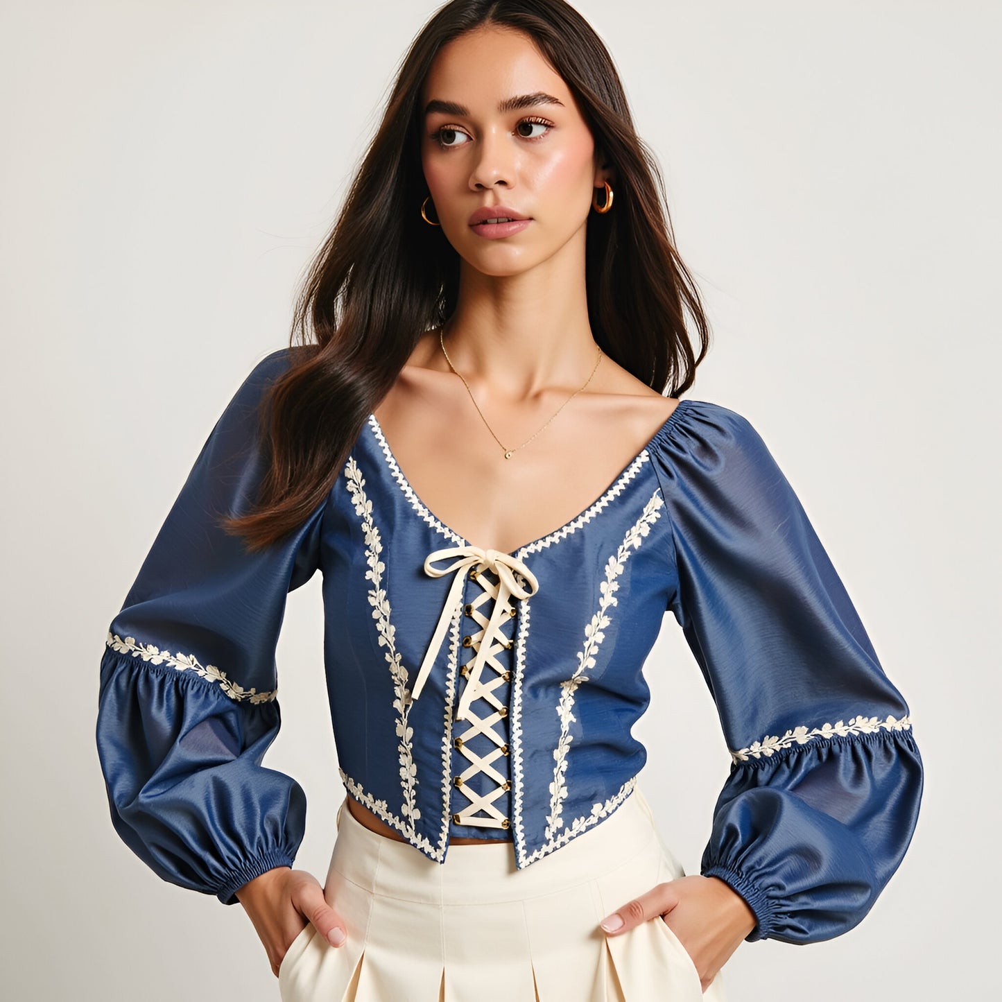Puff Sleeve Lace-Up Crop Top with Embroidered Floral Trim