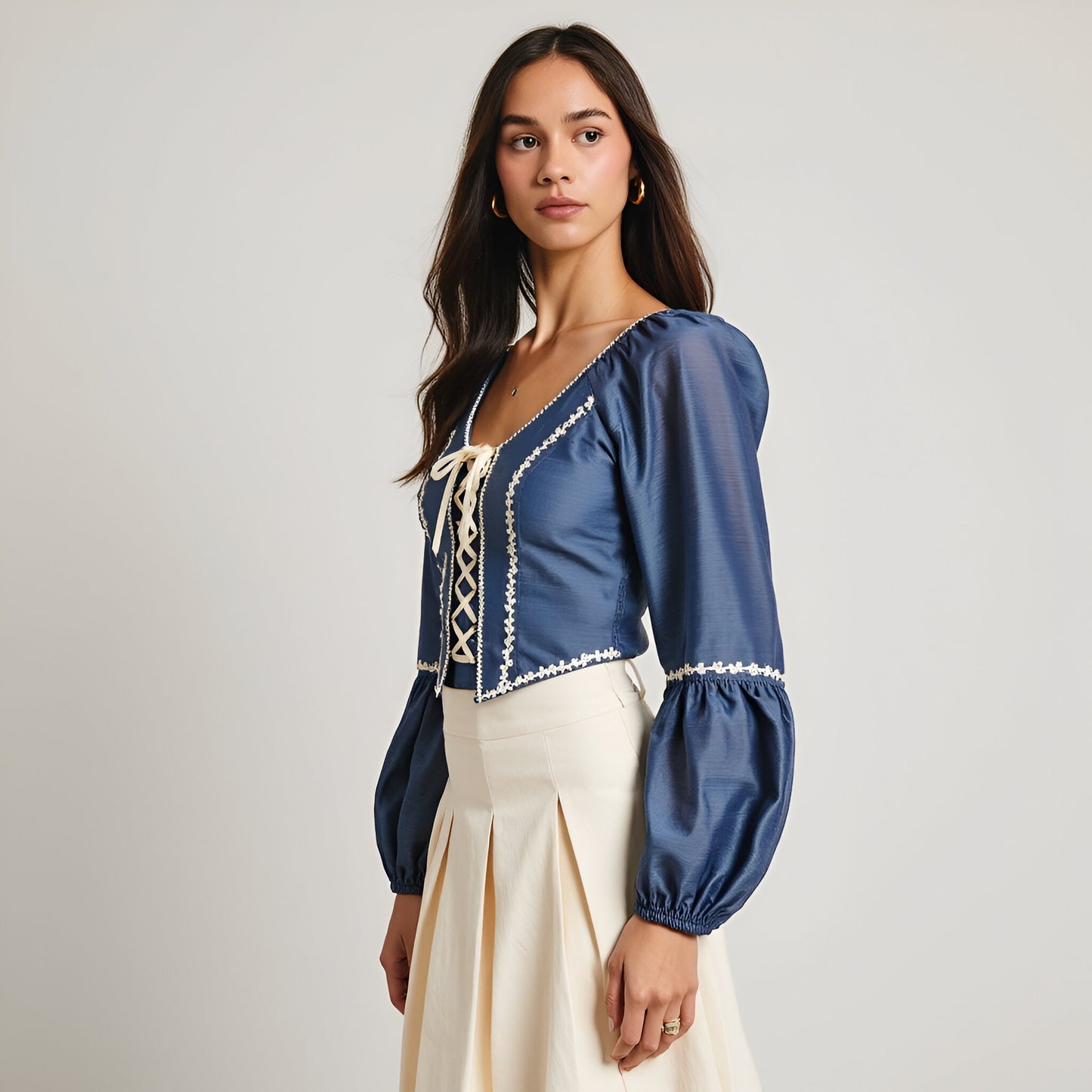 Puff Sleeve Lace-Up Crop Top with Embroidered Floral Trim