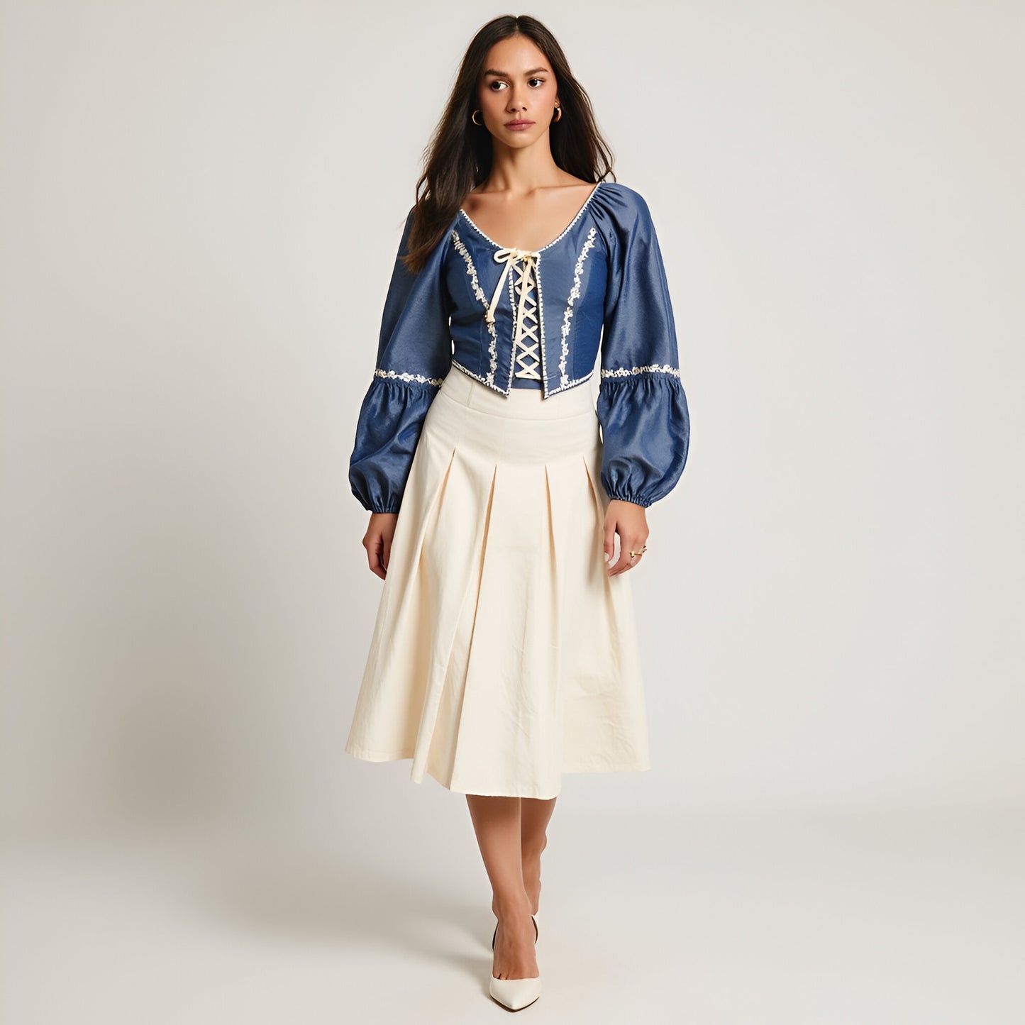 Puff Sleeve Lace-Up Crop Top with Embroidered Floral Trim