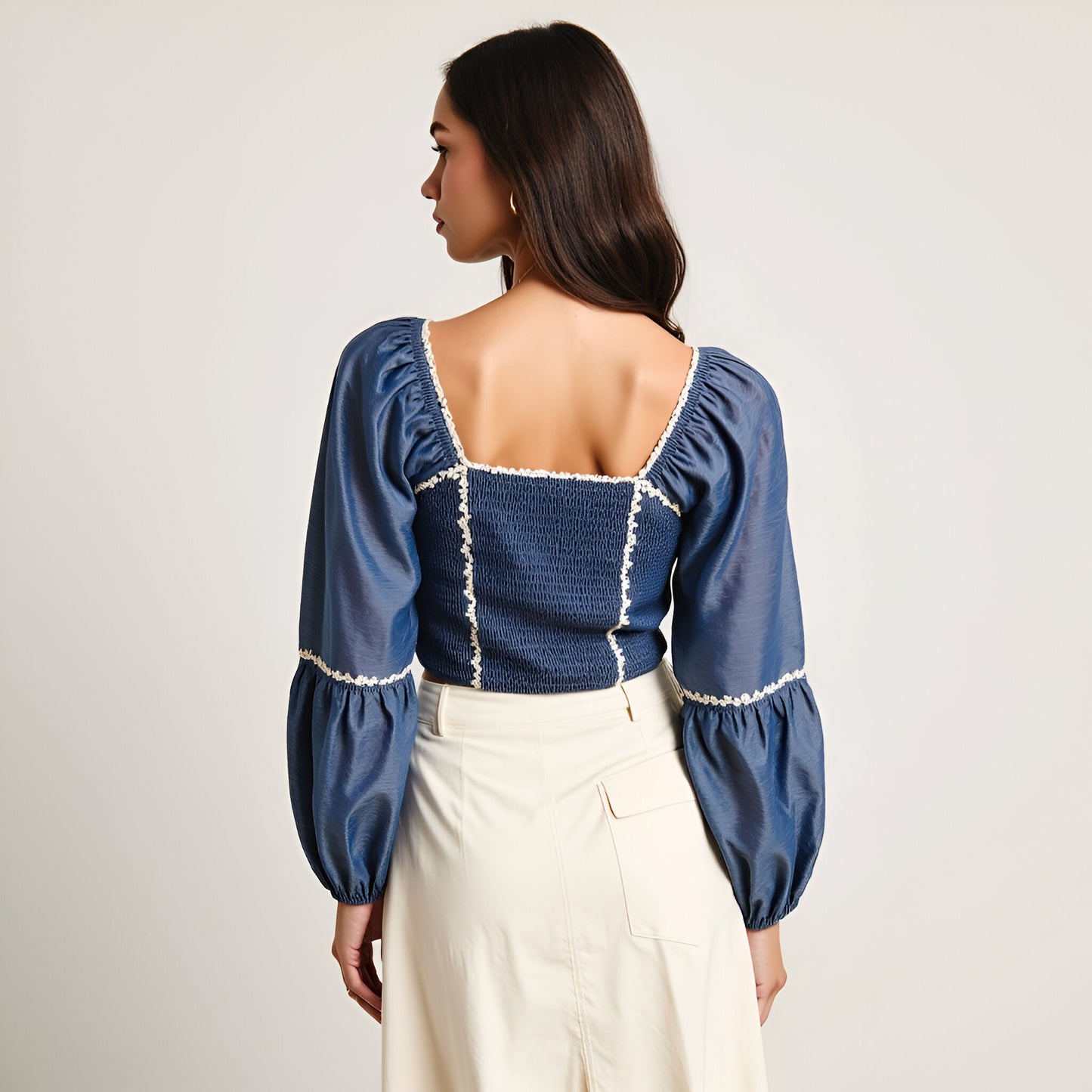 Puff Sleeve Lace-Up Crop Top with Embroidered Floral Trim