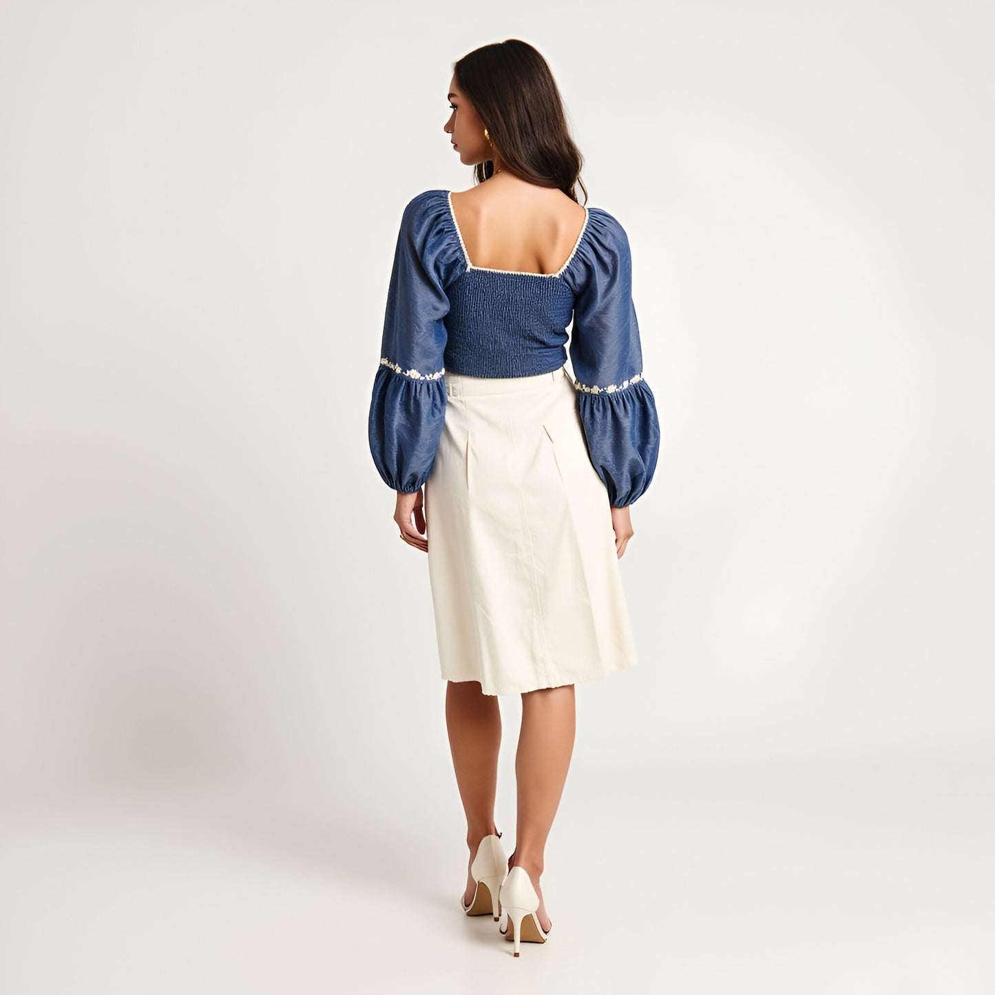 Puff Sleeve Lace-Up Crop Top with Embroidered Floral Trim