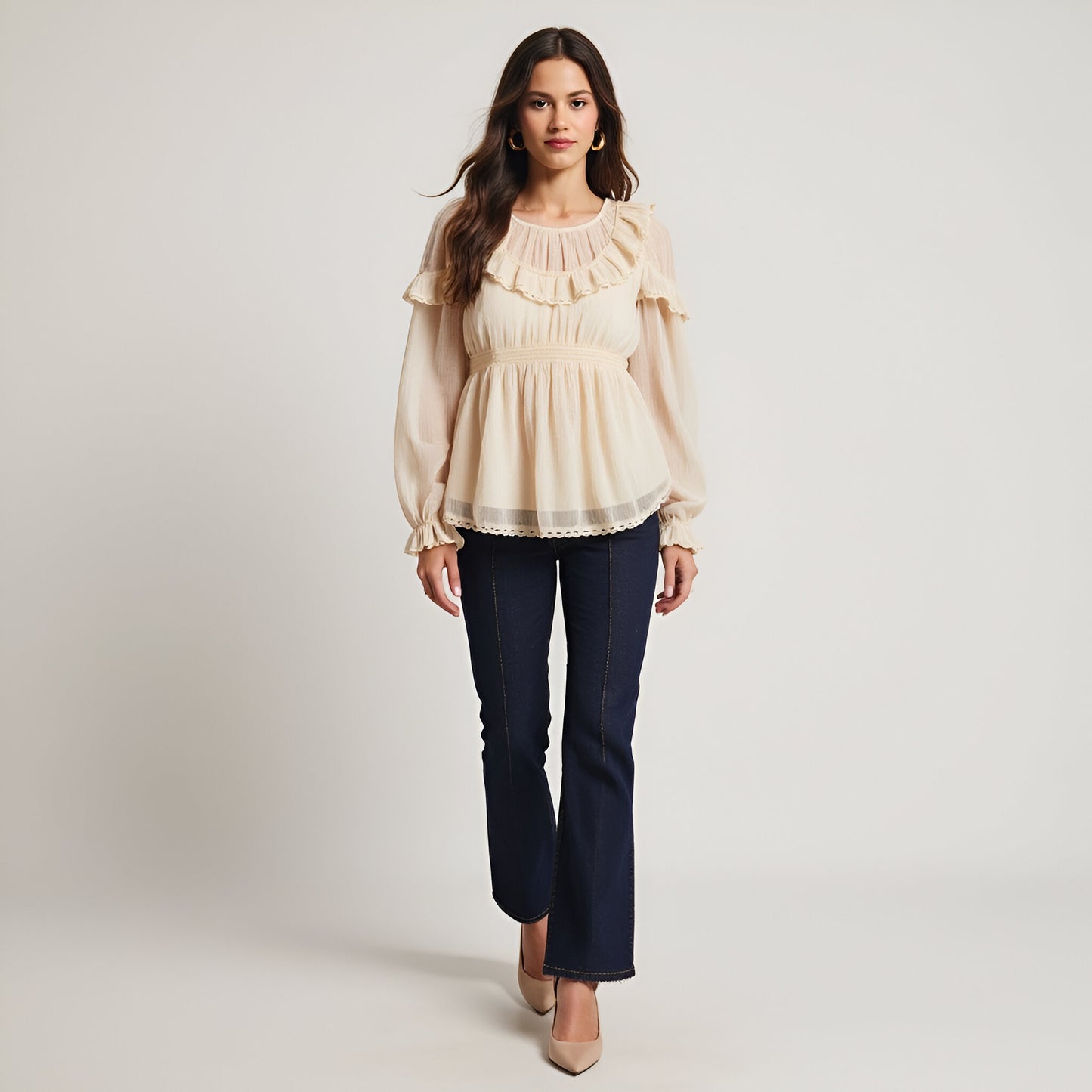Ruffled Long Sleeve Blouse with Sheer Finish and Lace Trim