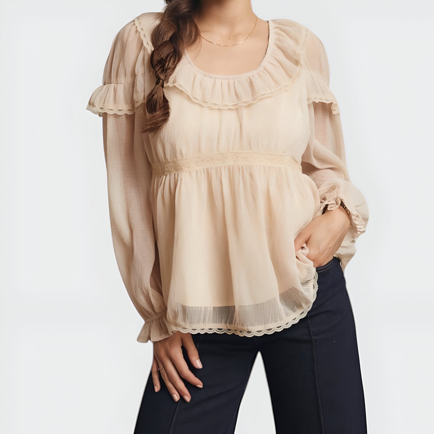 Ruffled Long Sleeve Blouse with Sheer Finish and Lace Trim