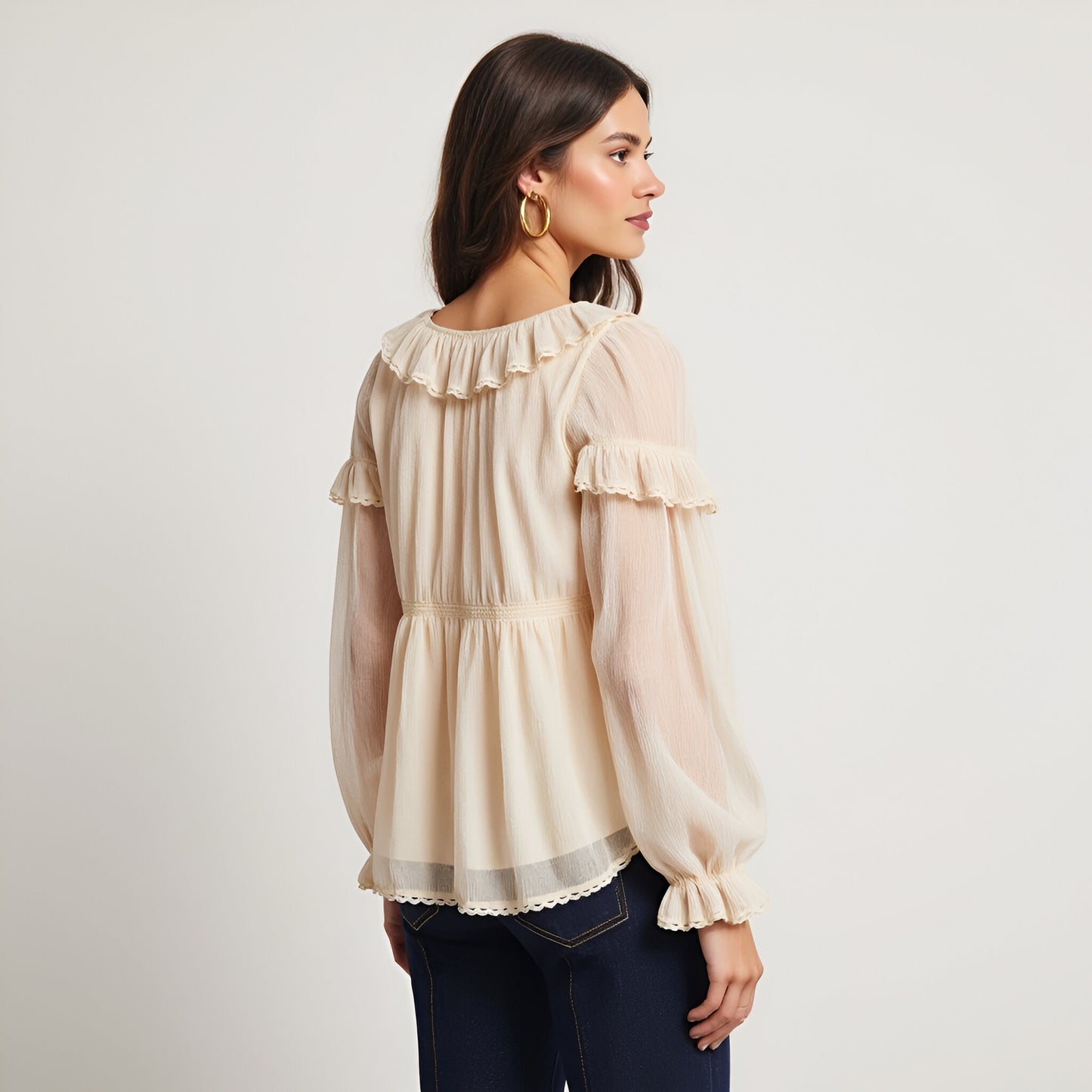 Ruffled Long Sleeve Blouse with Sheer Finish and Lace Trim