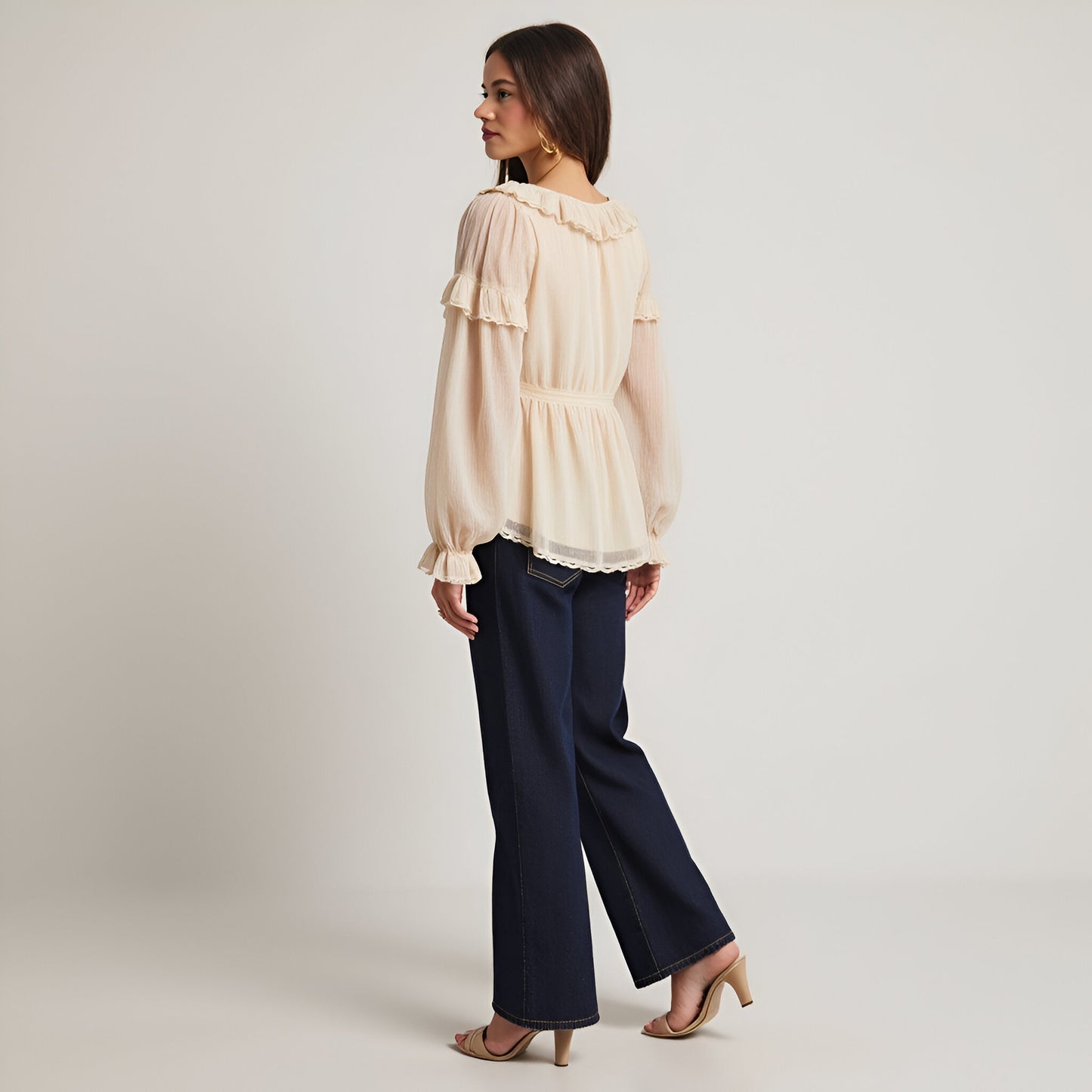 Ruffled Long Sleeve Blouse with Sheer Finish and Lace Trim