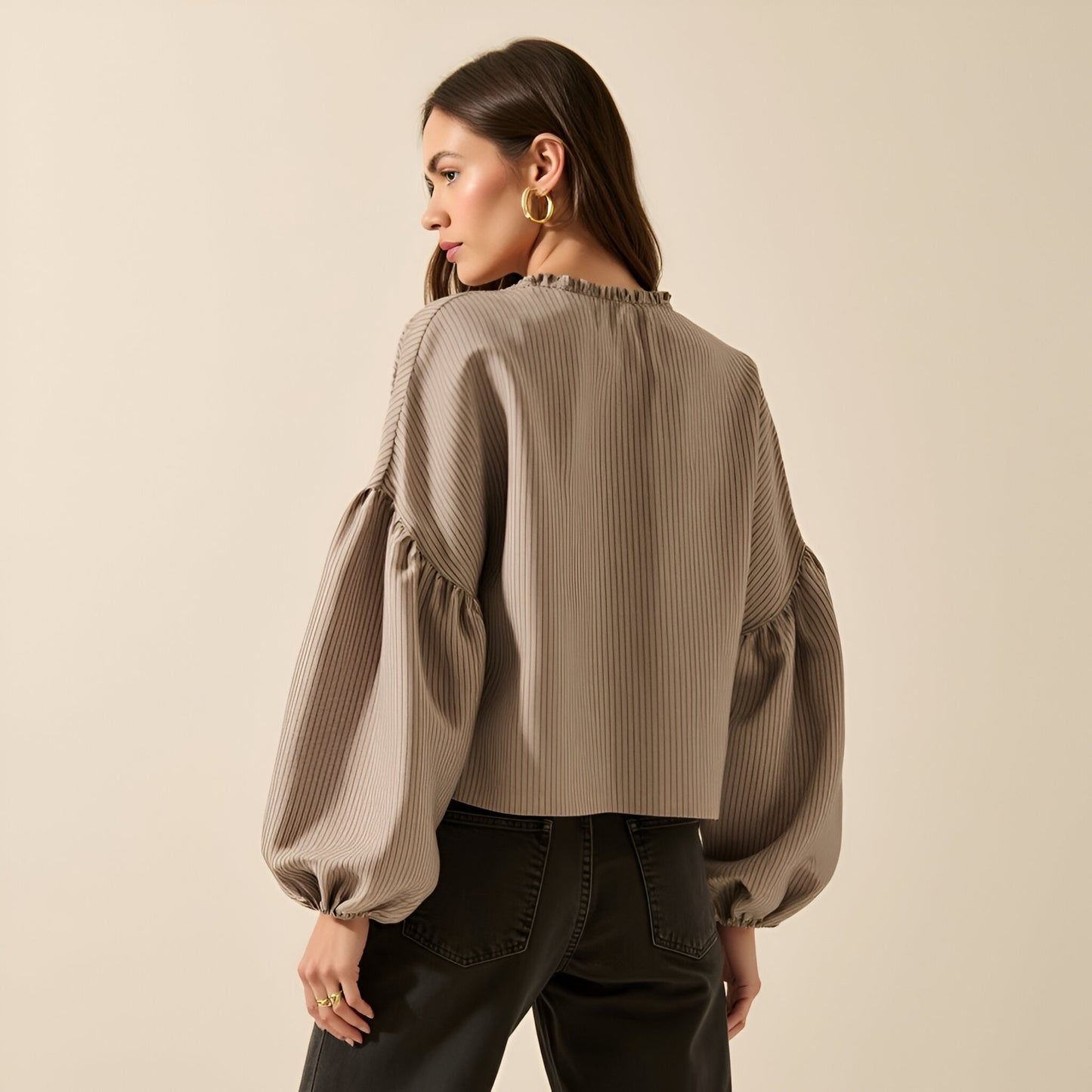 Ribbed Blouse with Ruffle Trim, Balloon Sleeves, and Front Tie Closure
