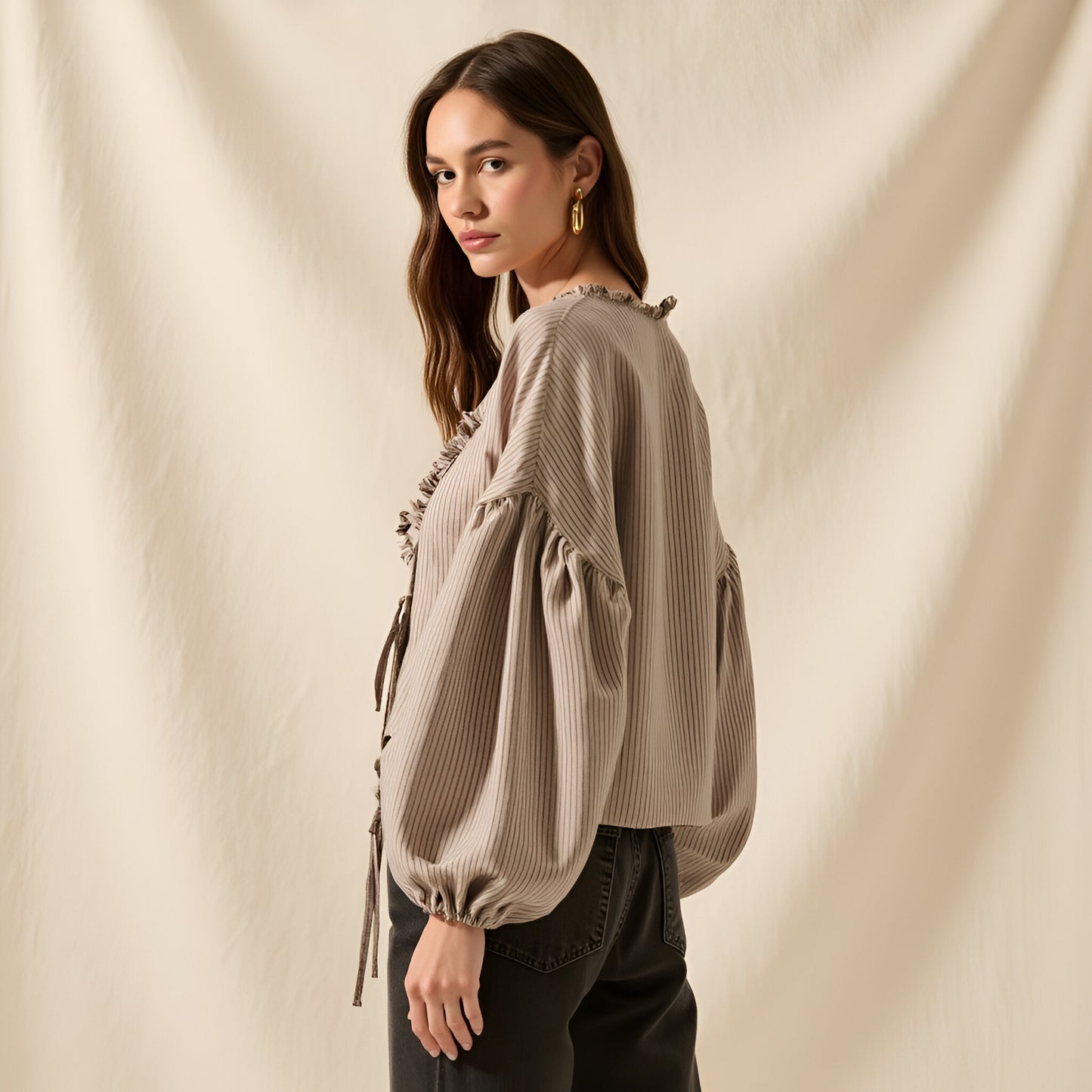 Ribbed Blouse with Ruffle Trim, Balloon Sleeves, and Front Tie Closure