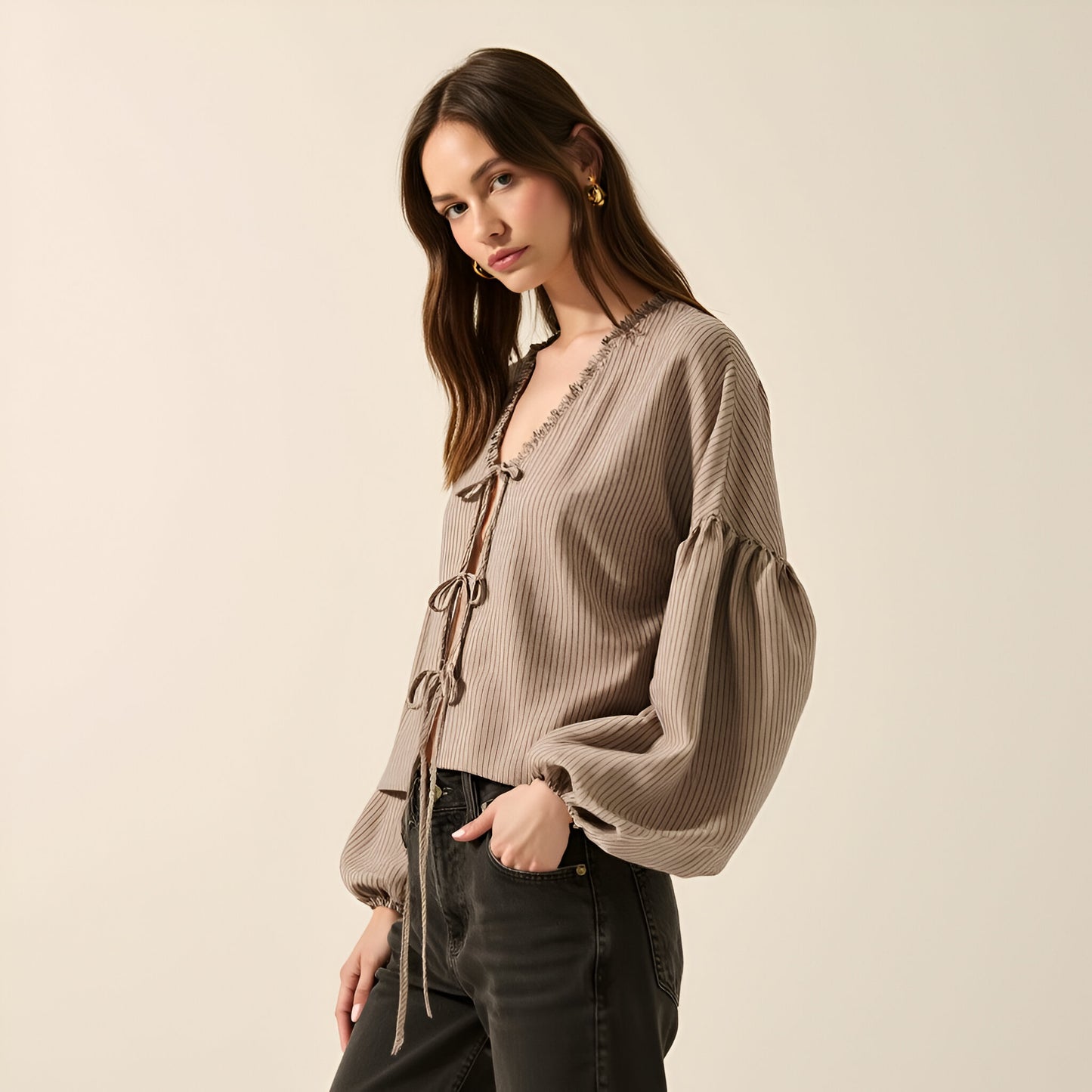 Ribbed Blouse with Ruffle Trim, Balloon Sleeves, and Front Tie Closure