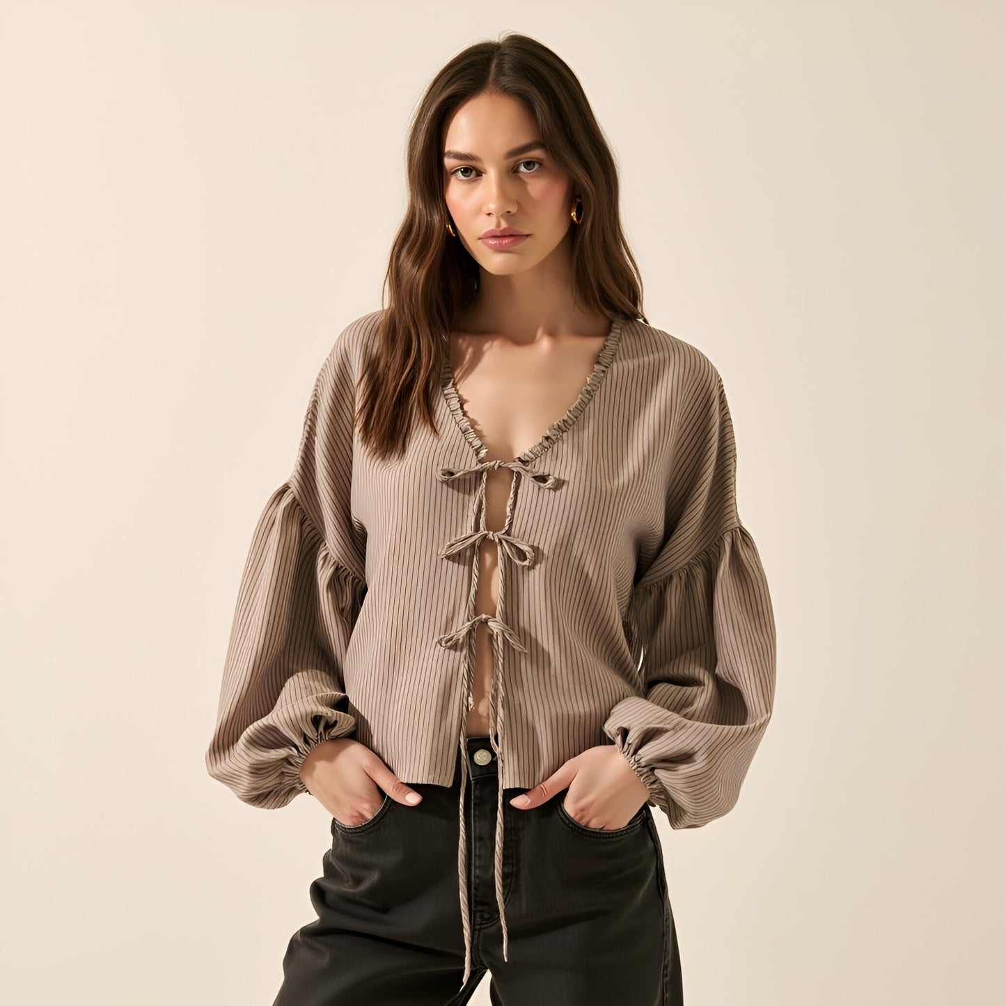 Ribbed Blouse with Ruffle Trim, Balloon Sleeves, and Front Tie Closure