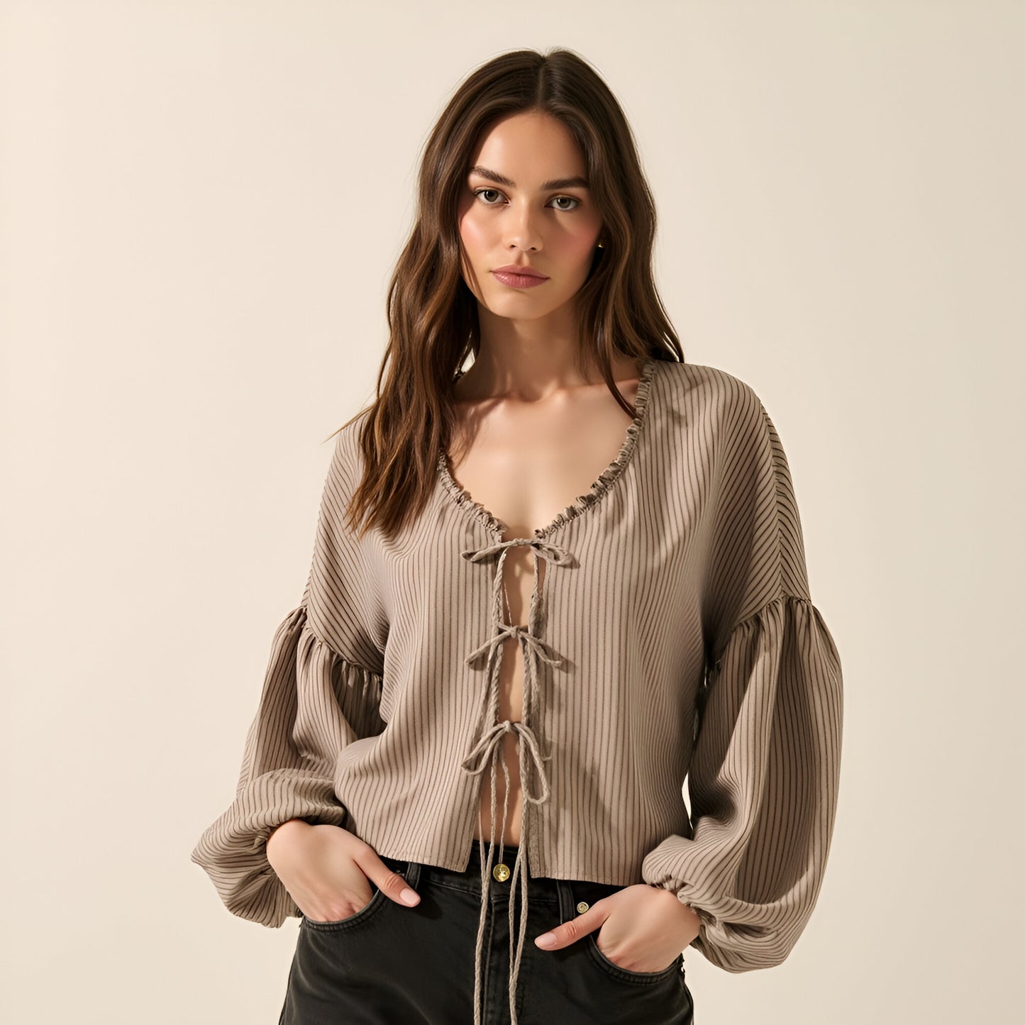 Ribbed Blouse with Ruffle Trim, Balloon Sleeves, and Front Tie Closure