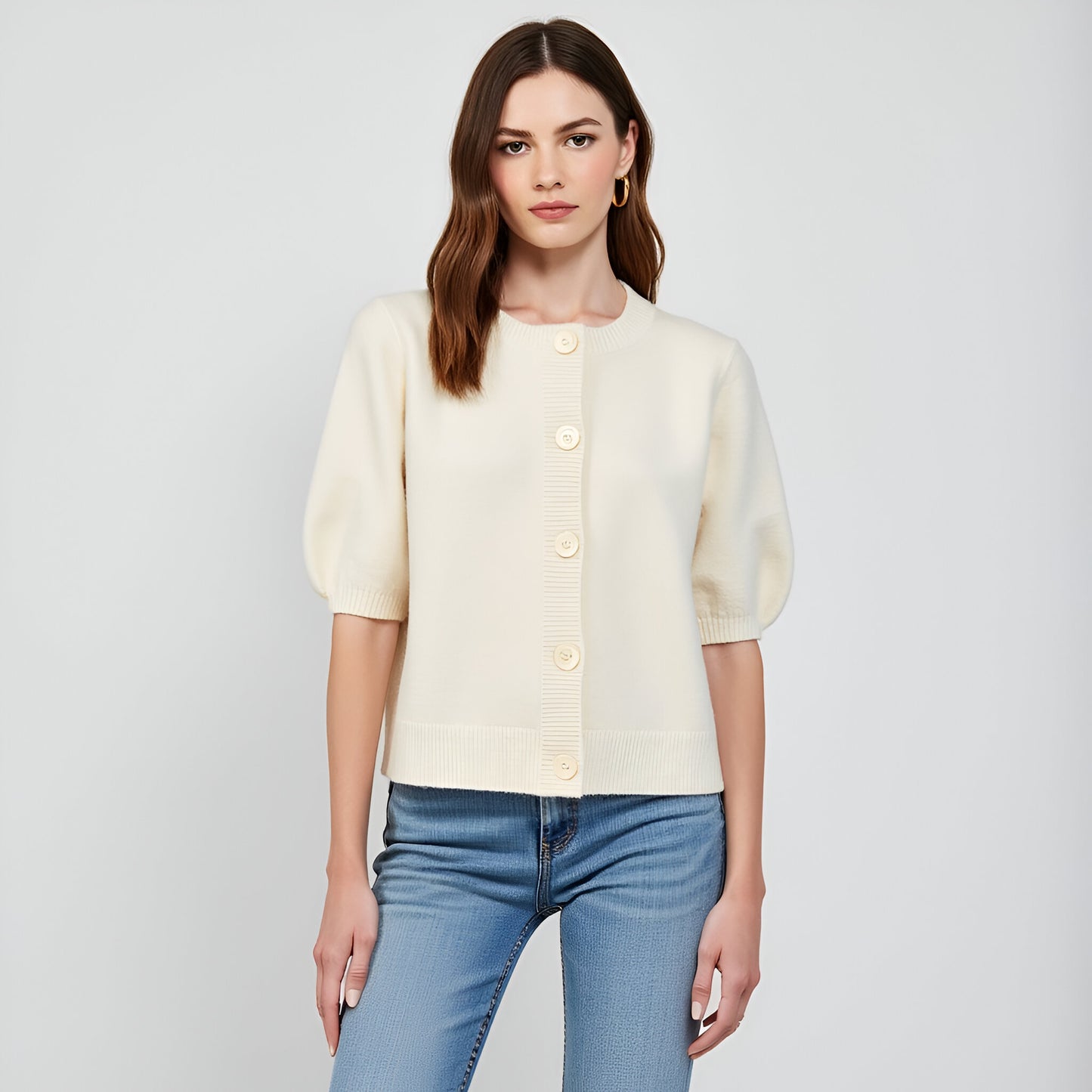 Cardigan Sweater with Oversized Buttons, Ribbed Trim and Puff Short Sleeves
