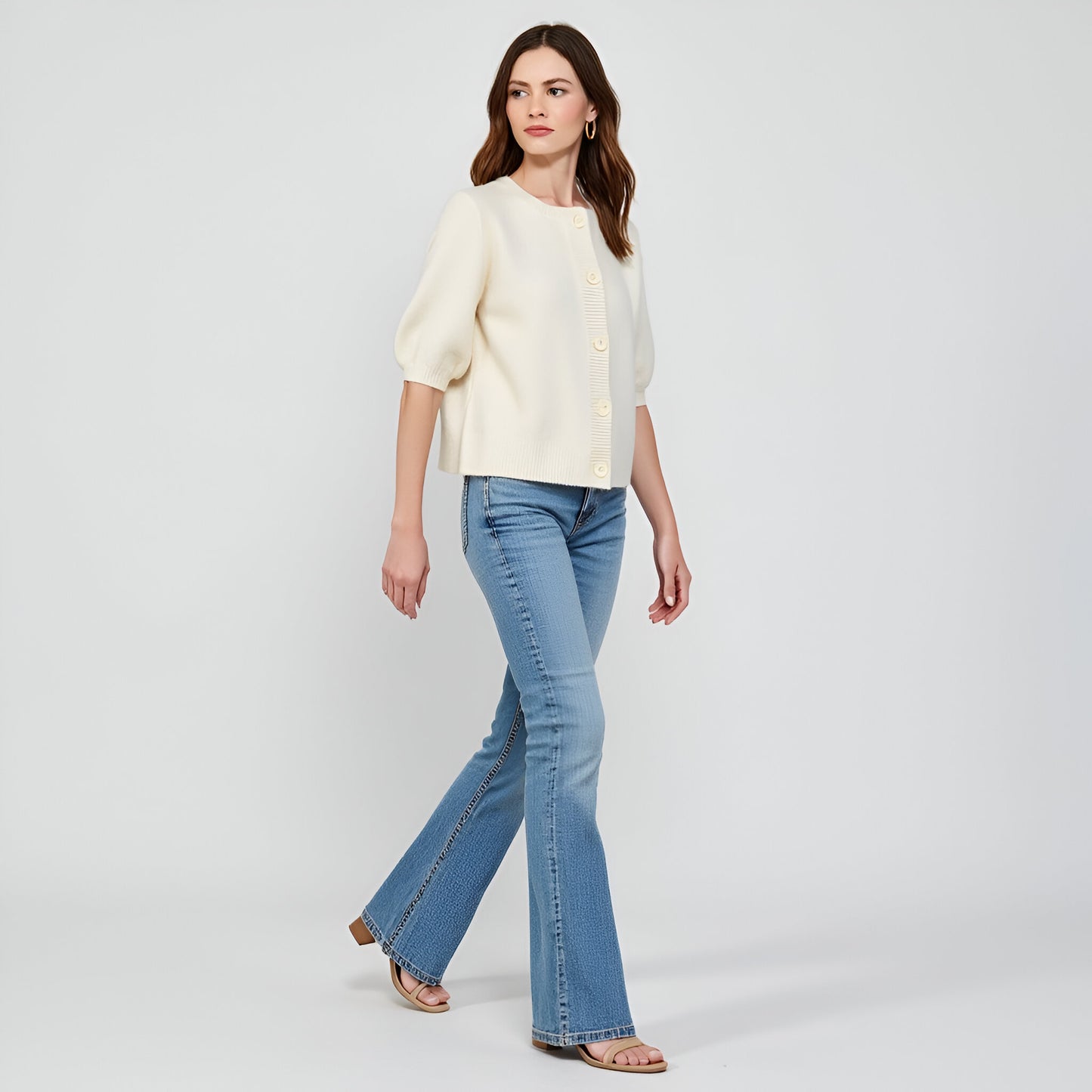Cardigan Sweater with Oversized Buttons, Ribbed Trim and Puff Short Sleeves