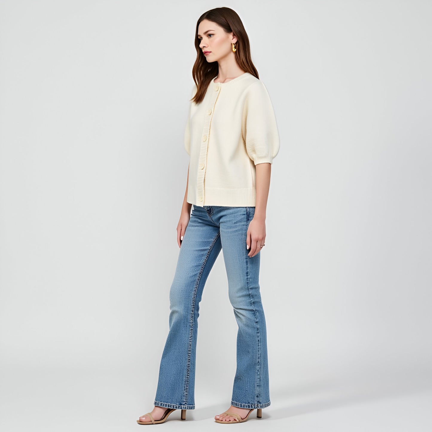 Cardigan Sweater with Oversized Buttons, Ribbed Trim and Puff Short Sleeves