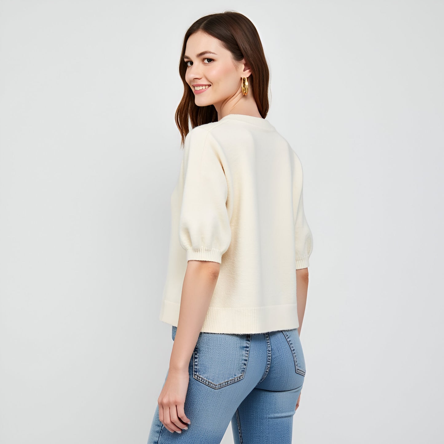 Cardigan Sweater with Oversized Buttons, Ribbed Trim and Puff Short Sleeves