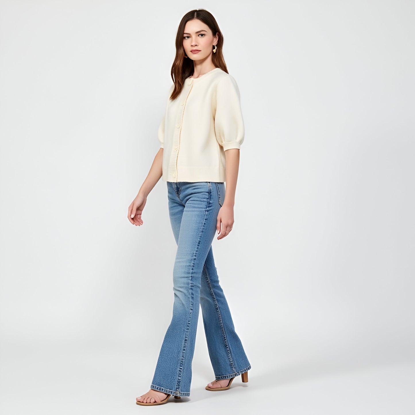 Cardigan Sweater with Oversized Buttons, Ribbed Trim and Puff Short Sleeves