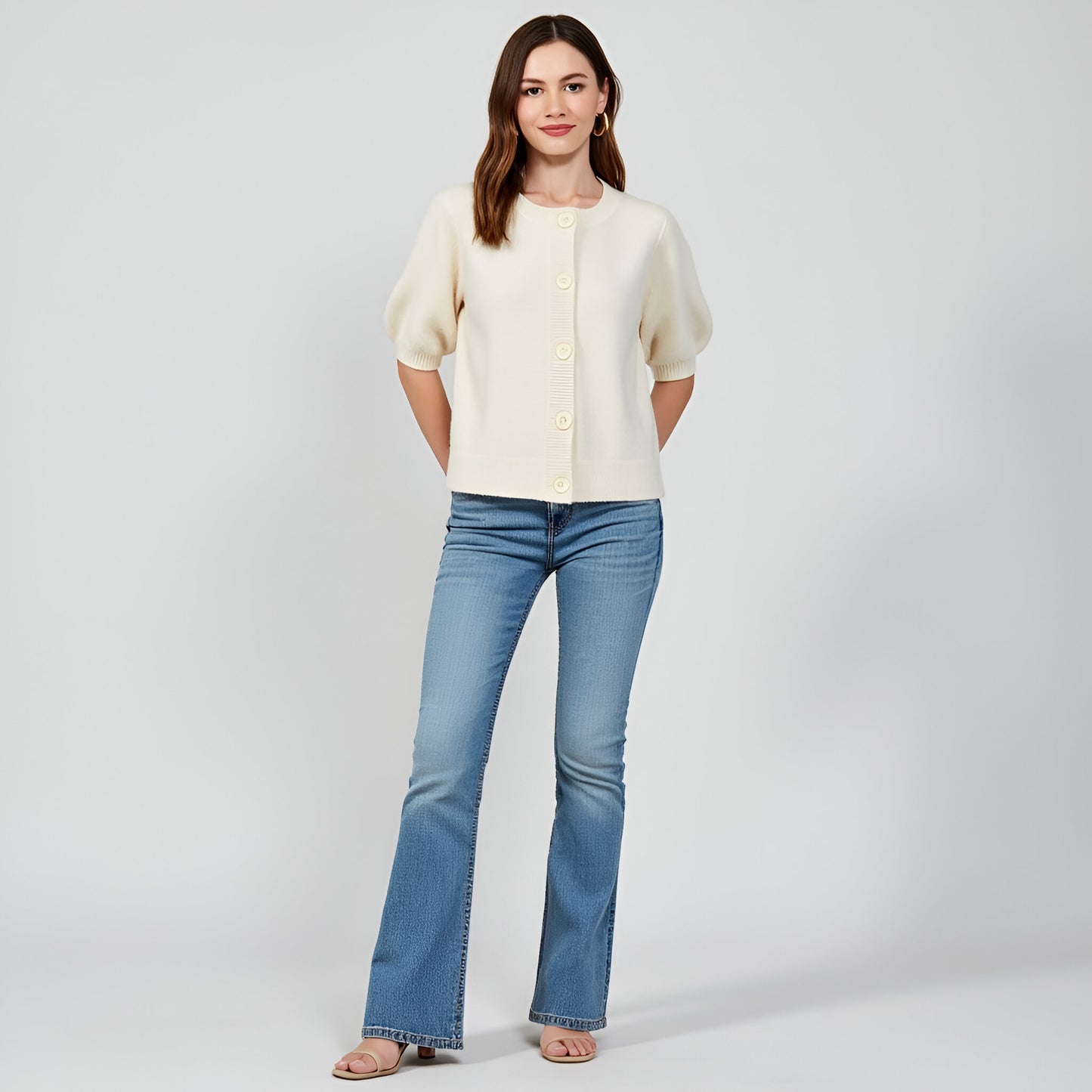 Cardigan Sweater with Oversized Buttons, Ribbed Trim and Puff Short Sleeves