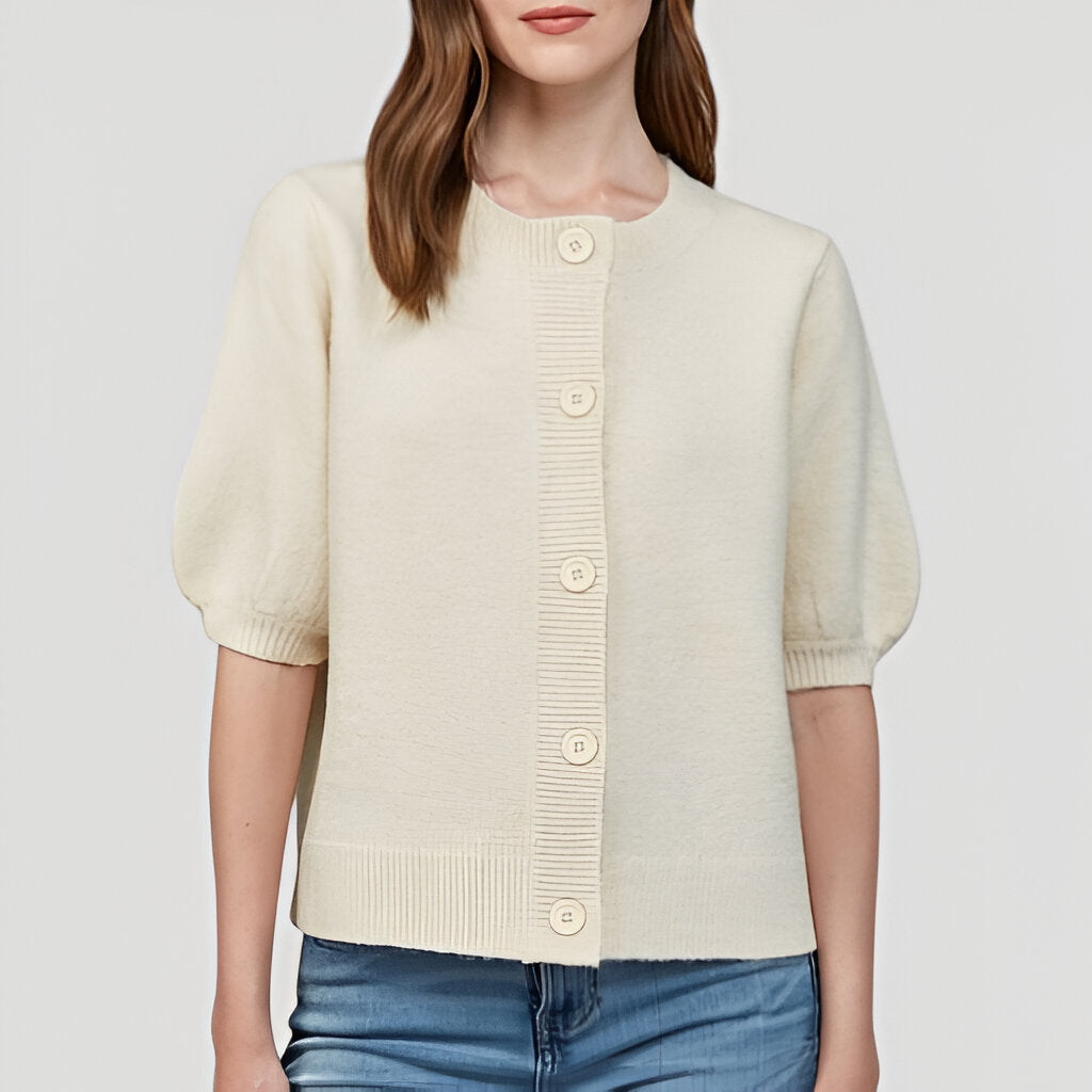 Cardigan Sweater with Oversized Buttons, Ribbed Trim and Puff Short Sleeves