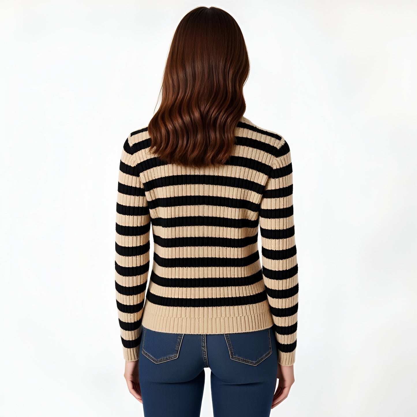 Ribbed Stripe Cardigan with Collared Neckline, Button Front and Long Sleeves