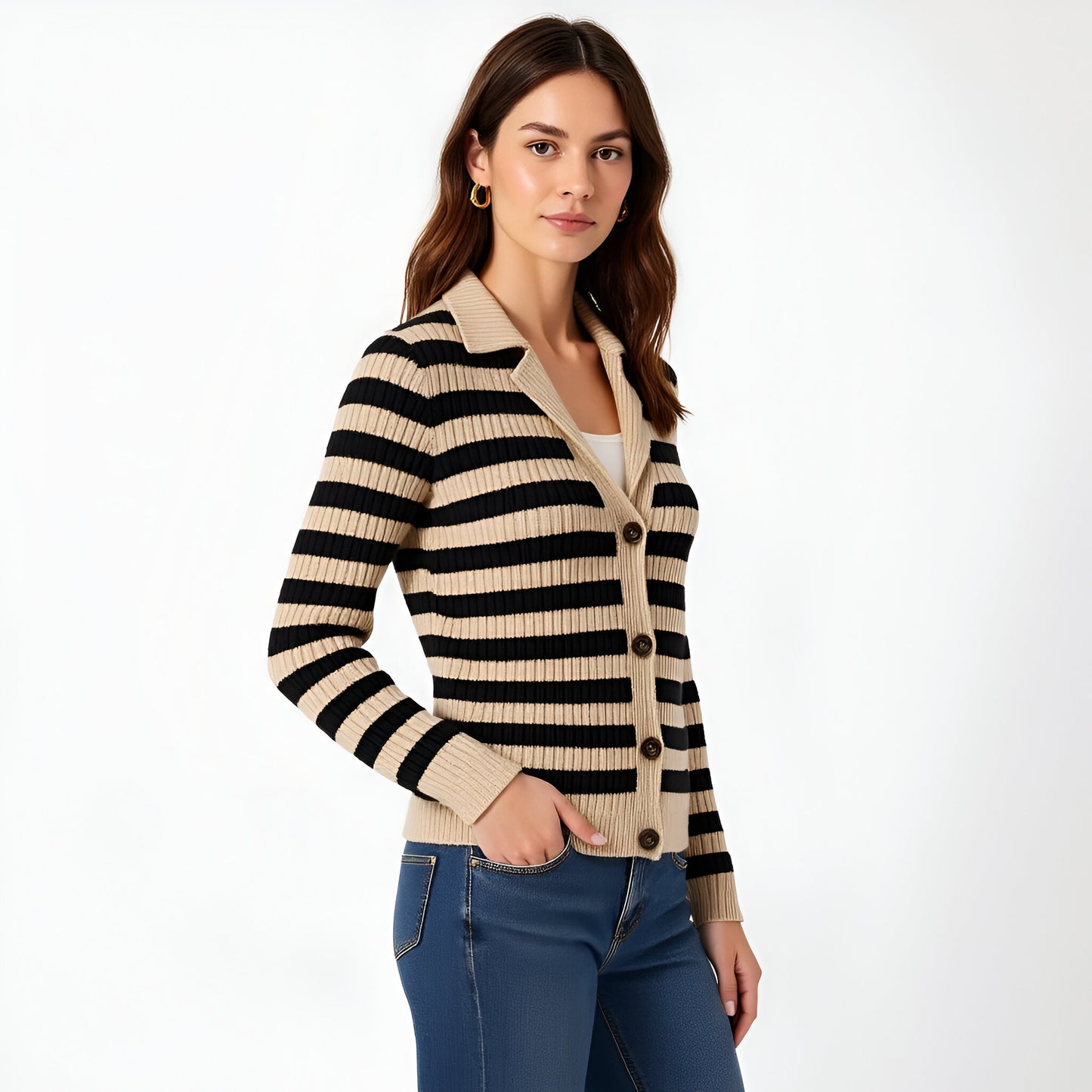 Ribbed Stripe Cardigan with Collared Neckline, Button Front and Long Sleeves