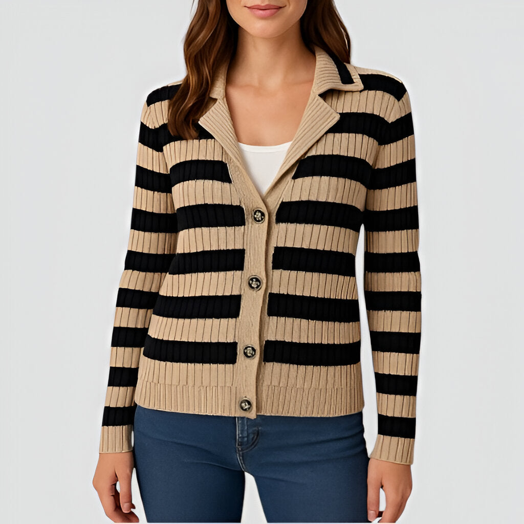 Ribbed Stripe Cardigan with Collared Neckline, Button Front and Long Sleeves