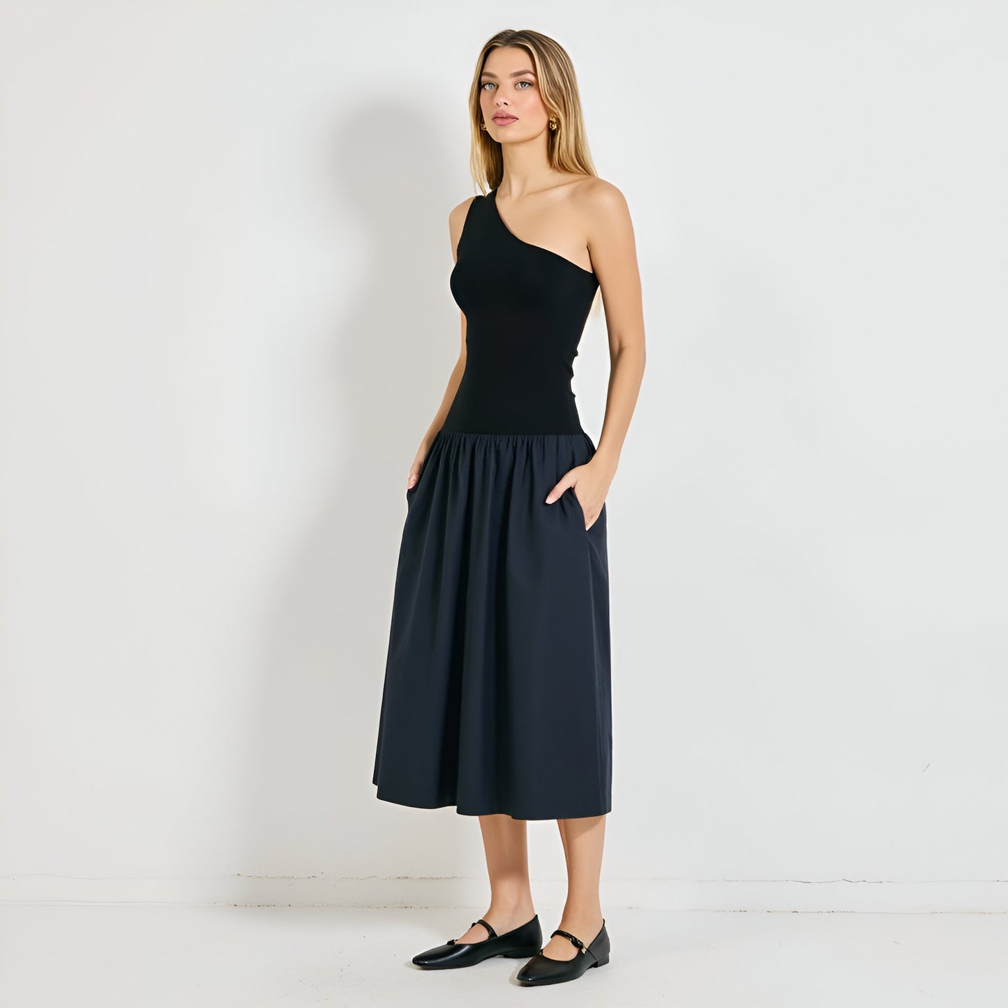 One-Shoulder Midi Dress with Fitted Bodice and Gathered Skirt