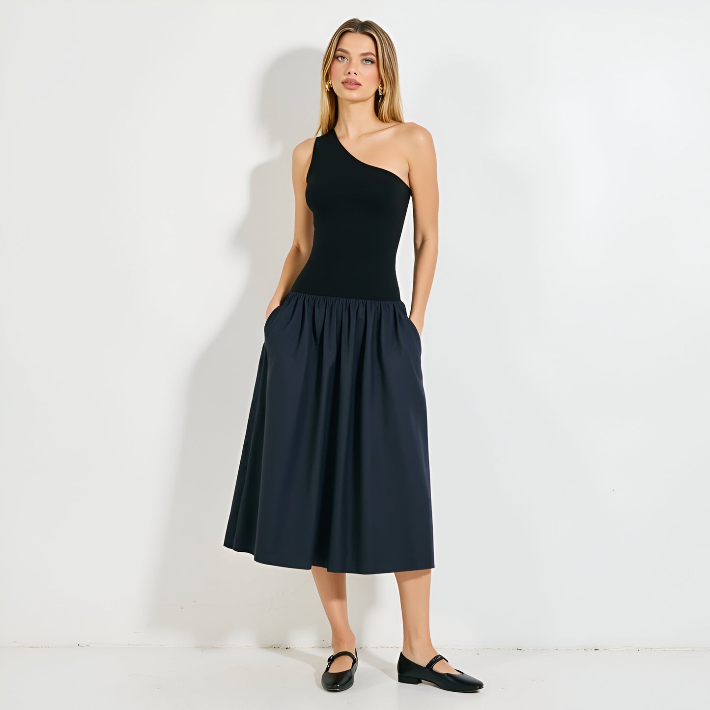 One-Shoulder Midi Dress with Fitted Bodice and Gathered Skirt
