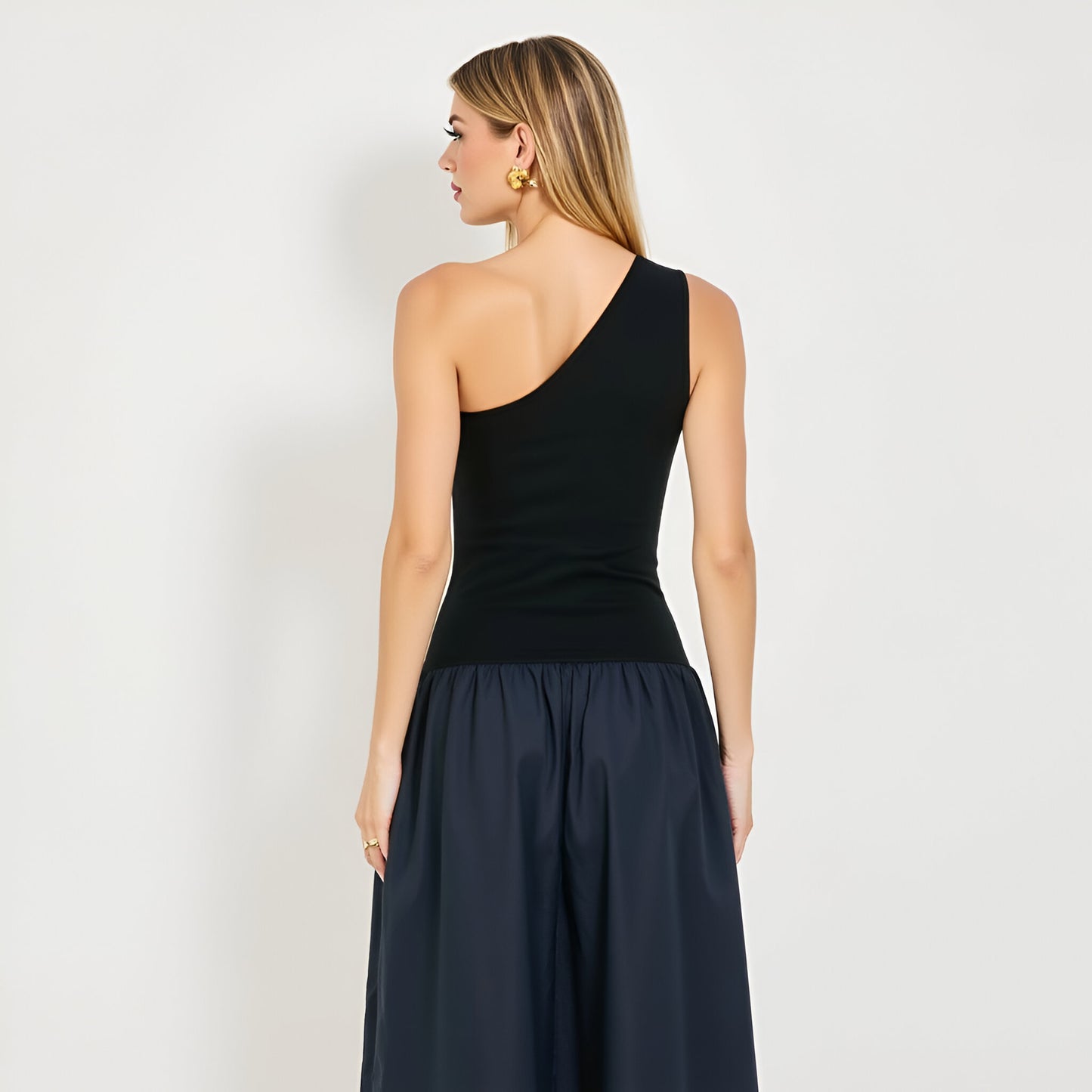 One-Shoulder Midi Dress with Fitted Bodice and Gathered Skirt