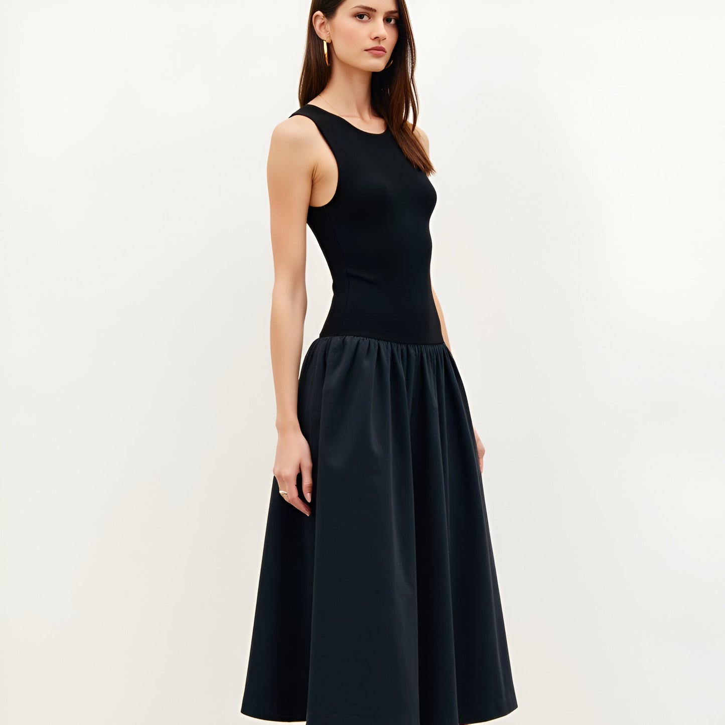Sleeveless Mixed-Media Midi Dress with Fitted Bodice and Full Skirt